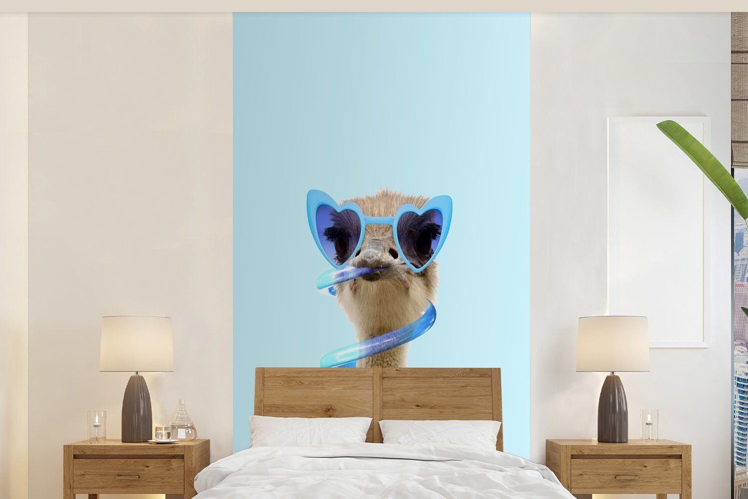 MuchoWow Fototapete Strauß - Sonnenbrille - Blau - Tiere, Matt, bedruckt, (2 St), Vliestapete für Wohnzimmer Schlafzimmer Küche, Fototapete