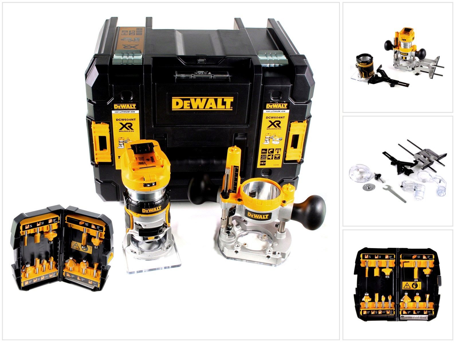 DeWalt Oberfräse DCW 604 NT Akku Kombifräse 18V 55mm + Fräser Set 12 tlg. in TSTAK - o