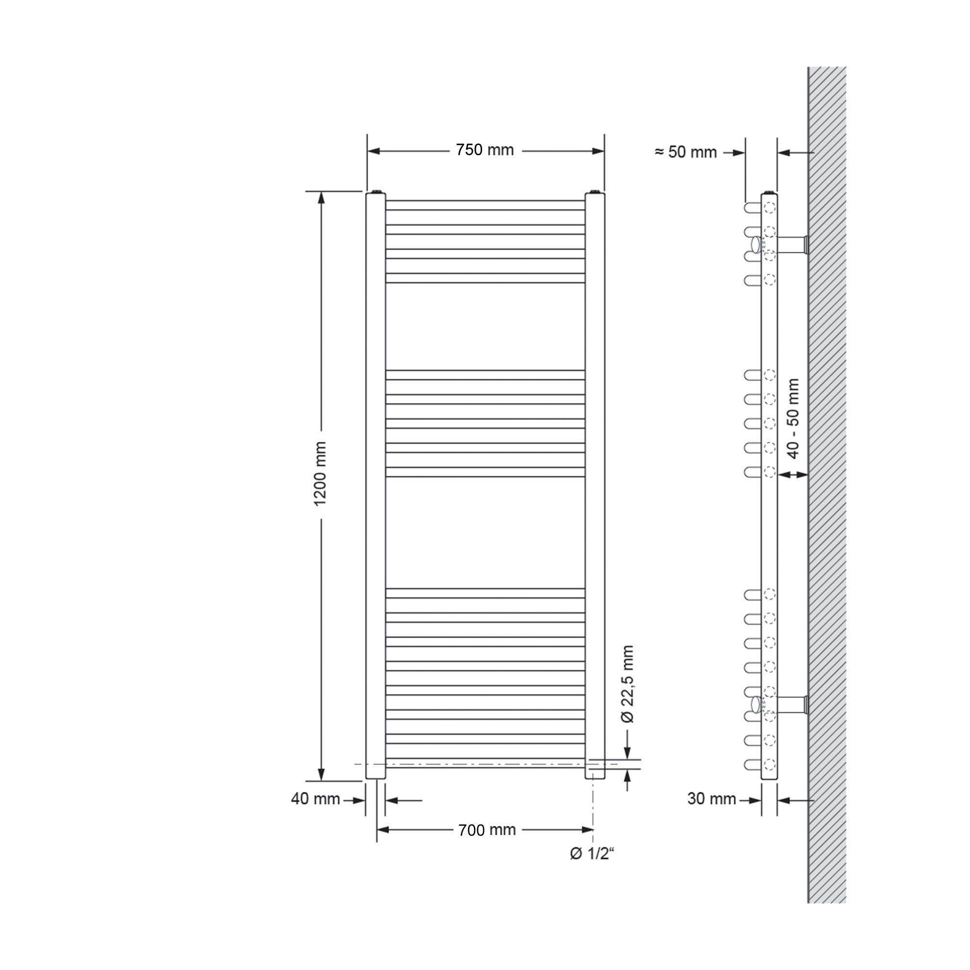 LuxeBath Handtuchtrockner, Handtuchwärmer Schwarz Seitenanschluss gebogen matt mit Sahara 750x1200mm Badheizkörper Designheizkörper