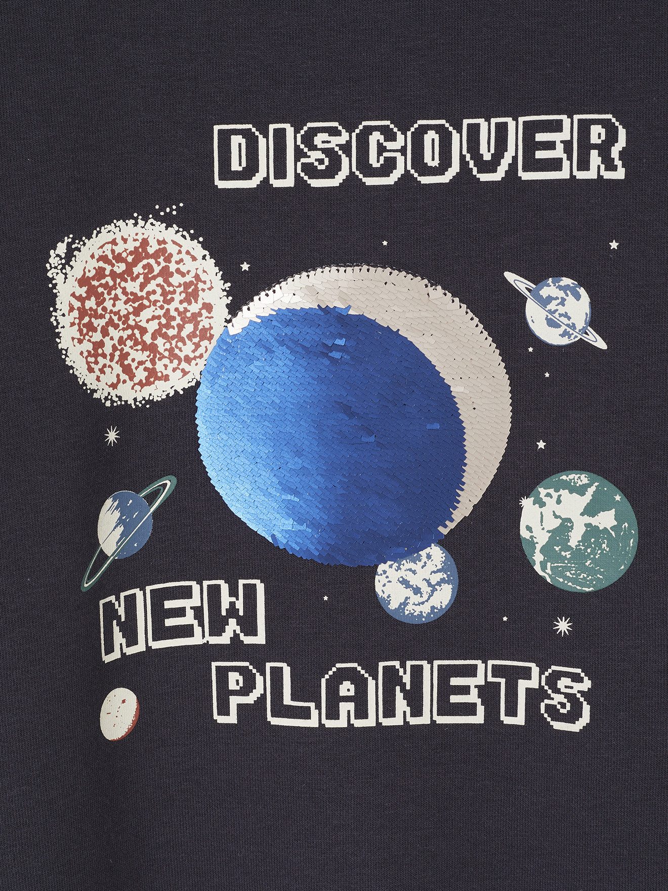 vertbaudet Fleecepullover Jungen Sweatshirt, Planeten mit Wende-Pailletten