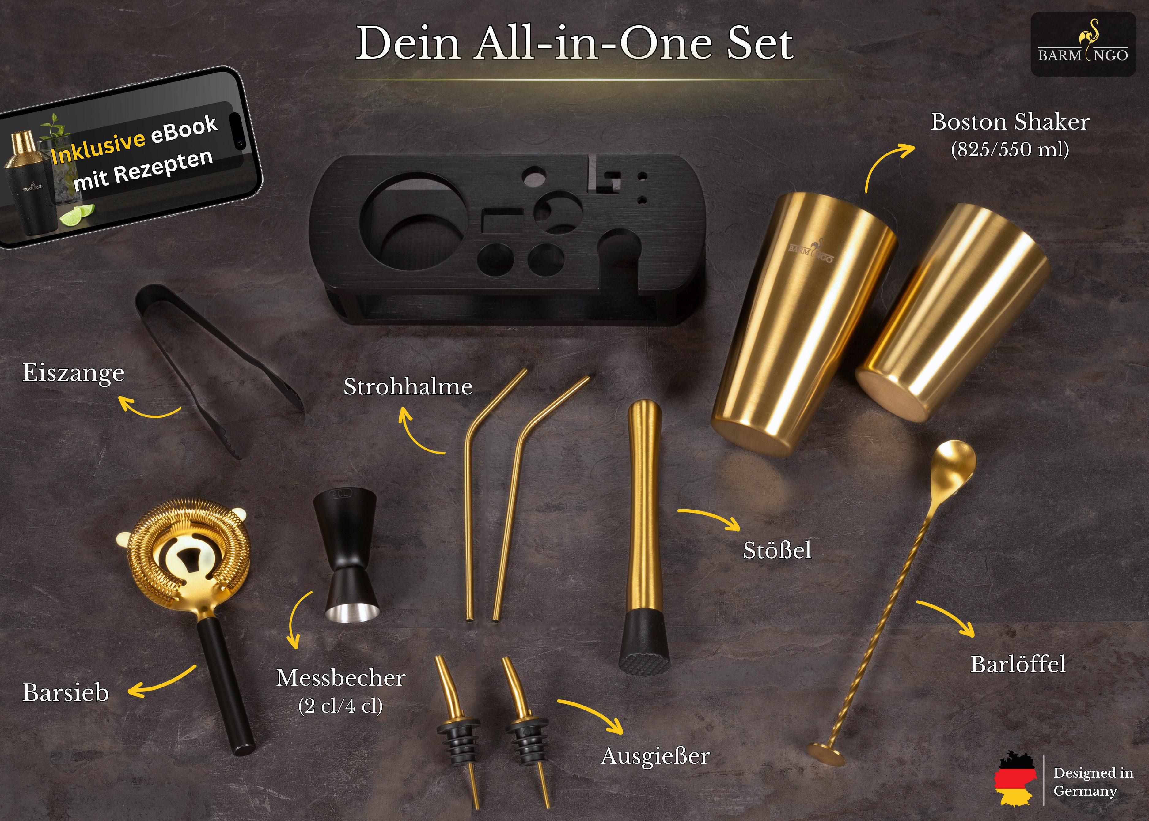 BARMINGO Cocktail-Set Edelstahl Boston Cocktail Shaker Set (825 ml) mit Bar Zubehör, (Cocktailshaker Set, 11-tlg., Für Profis und Anfänger), Cocktail Zubehör mit hochwertigem Bambusständer