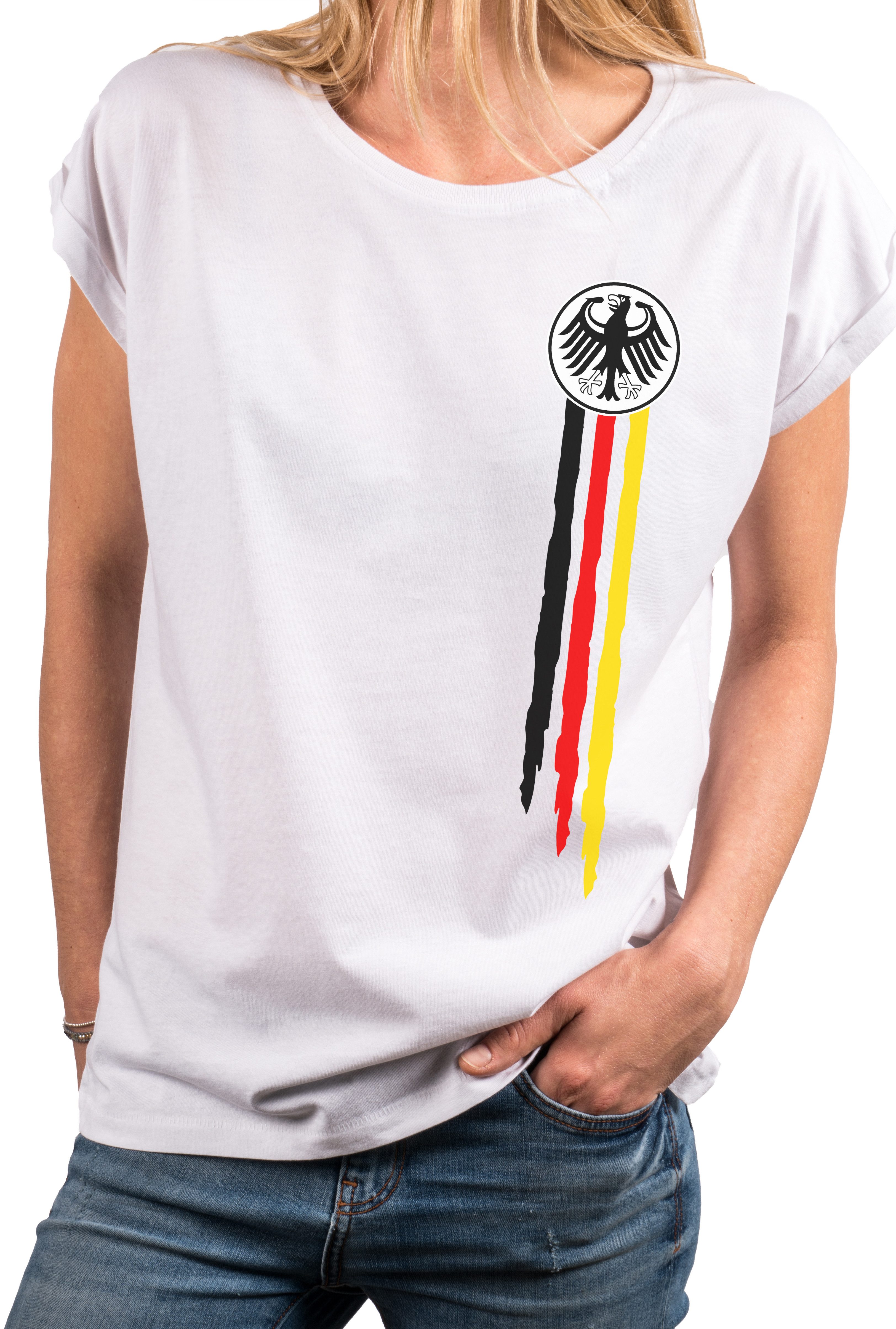 MAKAYA Print-Shirt Deutschland EM Trikot Damen Adler Flagge Fahne Fußball WM Top (Schwarz, Weiß, Blau, Grau, Grün, Rosa, 34, 36, 38, 40, 42, 44, 46, 48, 50) große Größen