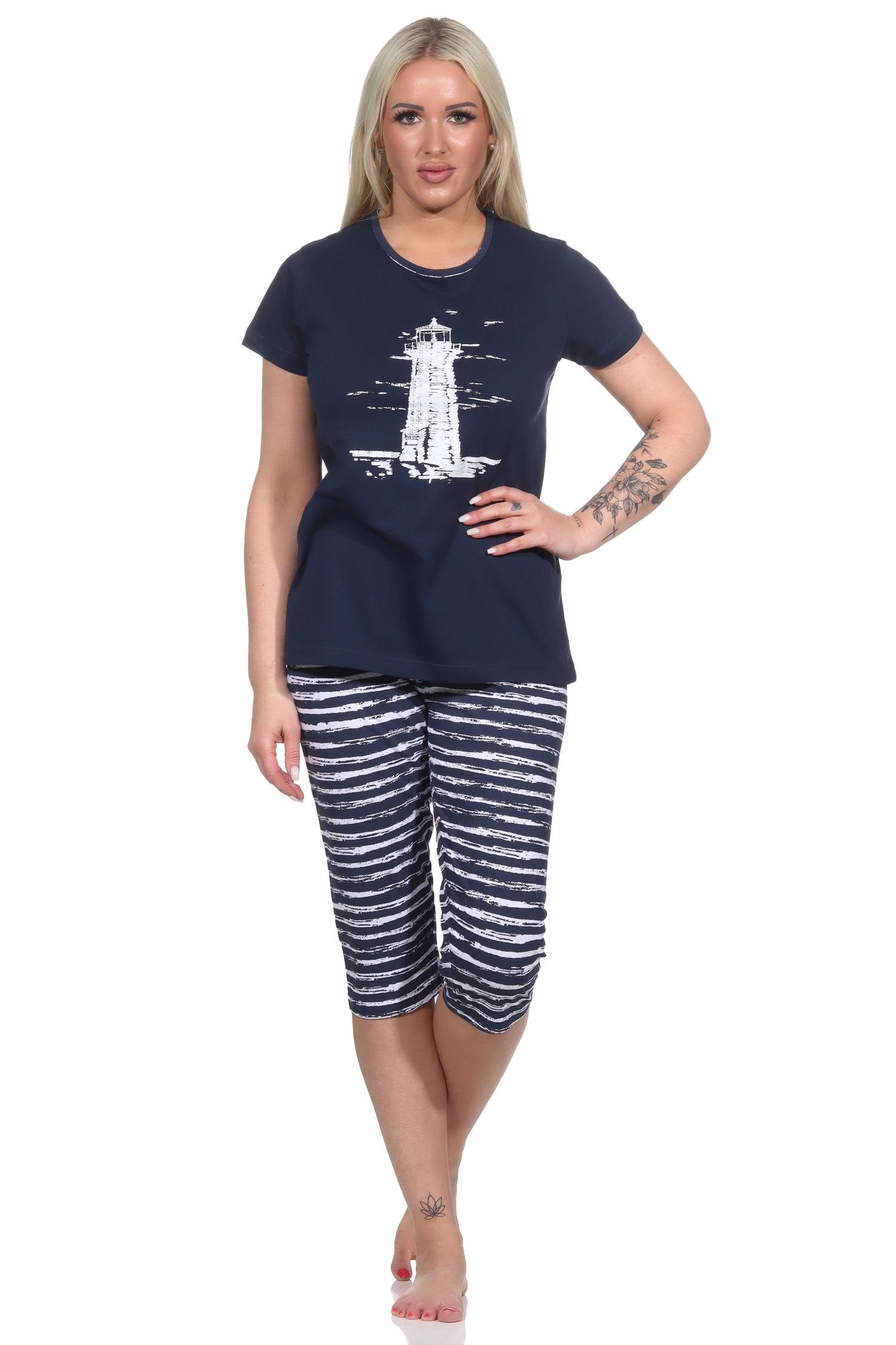 Normann Pyjama Maritimer Damen Capri Schlafanzug, Pyjama mit Leuchtturm-Motiv navy