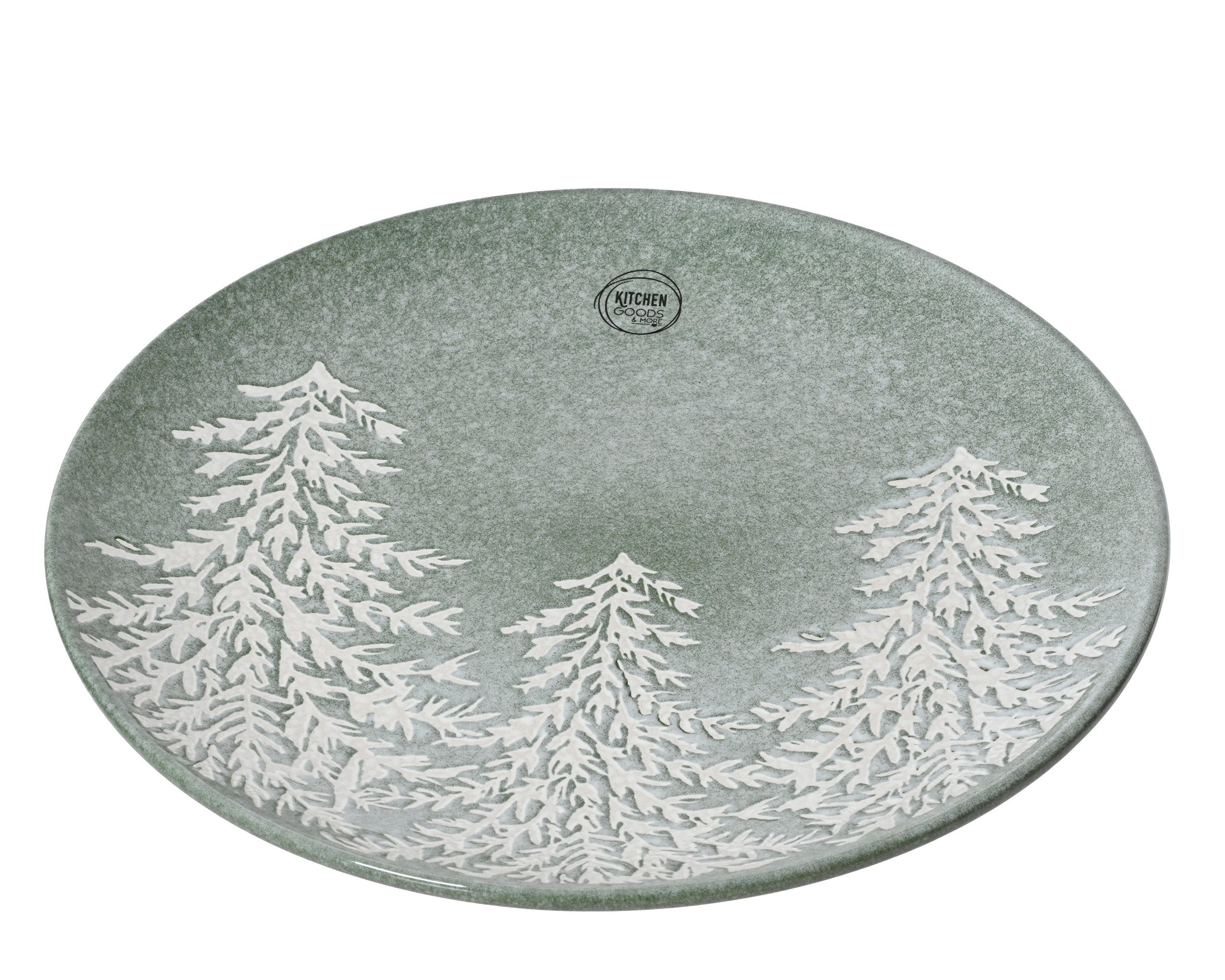 Kaemingk Teller, Teller 27cm Steingut mit Tannenbäume Motiv Grün / Weiß