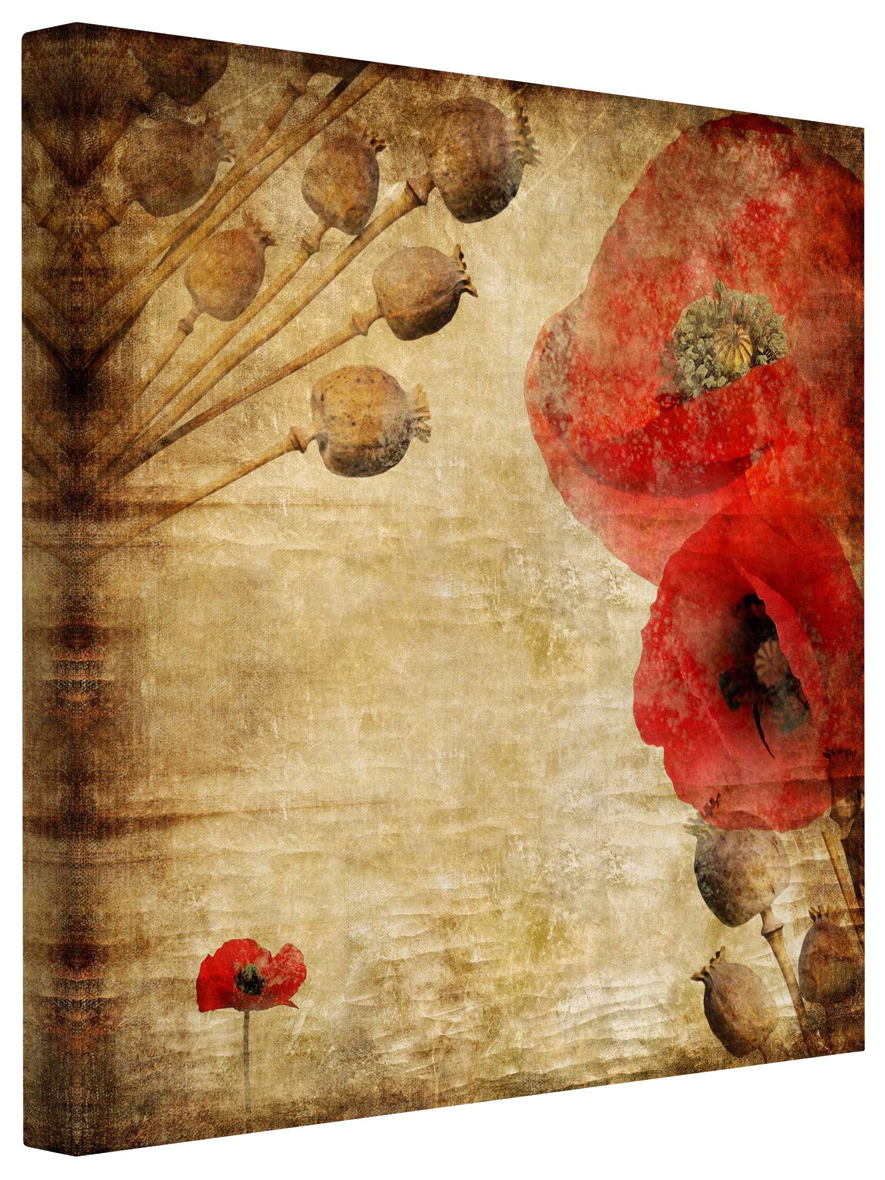 Bilderdepot24 Leinwandbild Vintage Retro Modern Mohnblume rot Bild auf Leinwand Groß XXL, Wohnzimmer Schlafzimmer Küche Flur Wandbild Kunstdruck Wanddeko Druck