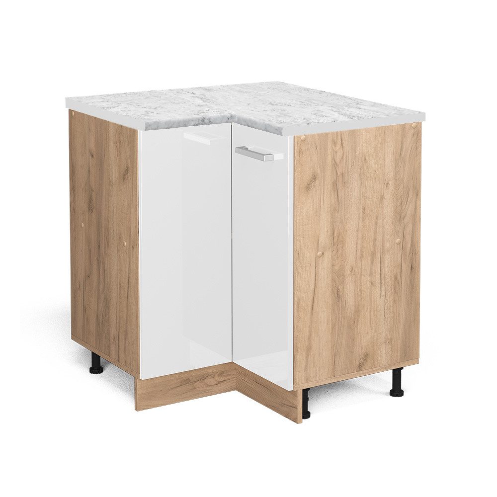 Vicco Eckunterschrank R-Line Weiß Hochglanz/Goldkraft Eiche 76 cm AP Marmor günstig online kaufen