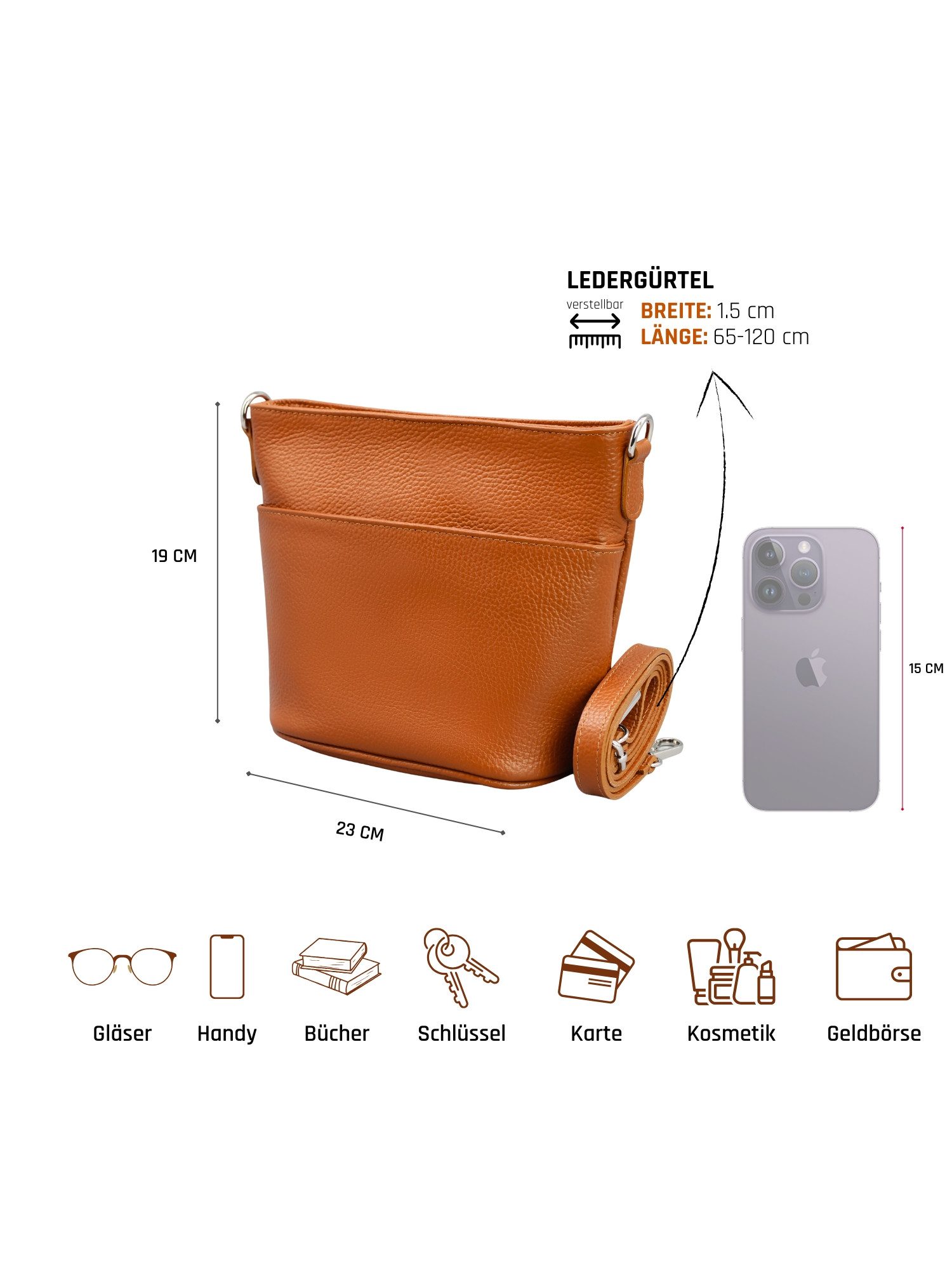 Adel Bags Schultertasche LINA Umhängetasche für Damen, Schultertasche Echtleder Gürteltasche