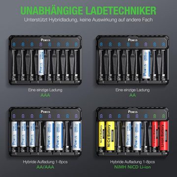 POWXS 8-Fach Akku Ladegerät für Lithium NiMH NICD AA AAA Akku Batterie-Ladegerät (1-tlg., mit 8 x 2800mAh AA Akku)