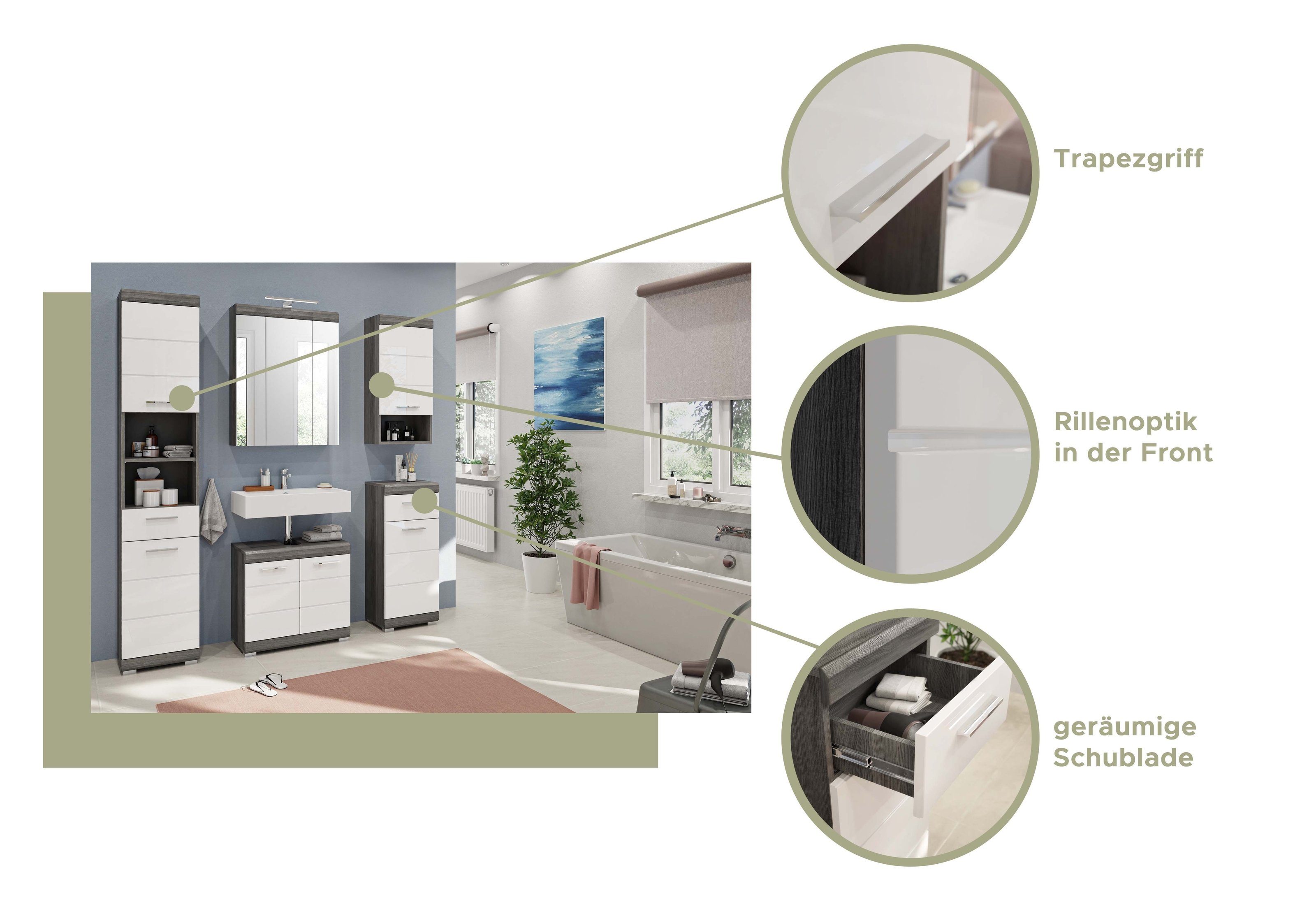 Schubkästen. aus 2 möbelando in Front aus Nachbildung, 34 Weiß-Hochglanz Korpus Sandusky 56 Waschbeckenunterschrank MDF Breite Rauchsilber 60 Tiefe Spanplatte cm, in cm, Moderner Höhe Waschbeckenunterschrank, mit cm