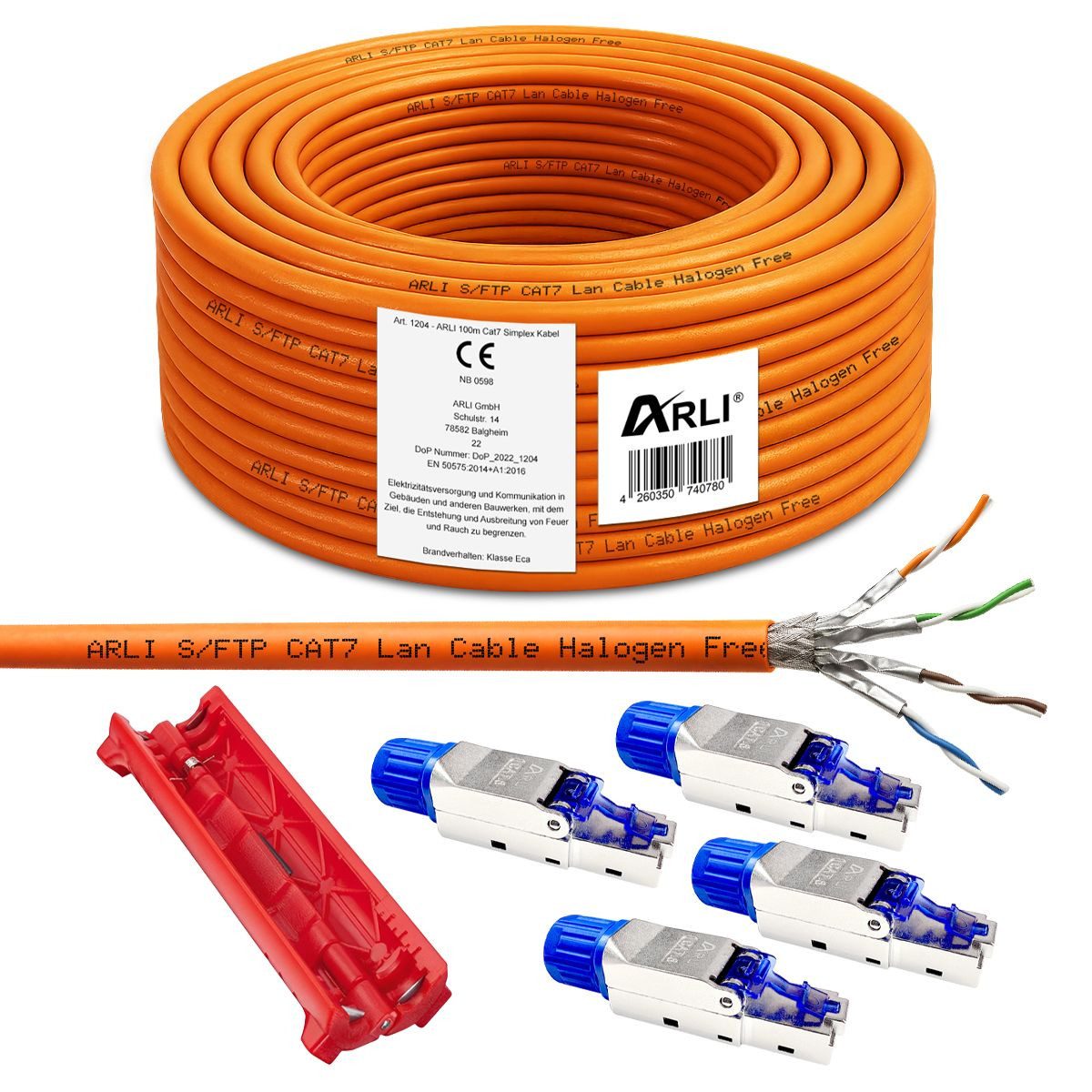 ARLI Installationskabel, RJ45, RJ-45 (Ethernet) (10000 cm), Verlegekabel Cat7 100m Kabel + 4x RJ45 Netzwerkstecker CAT8.1