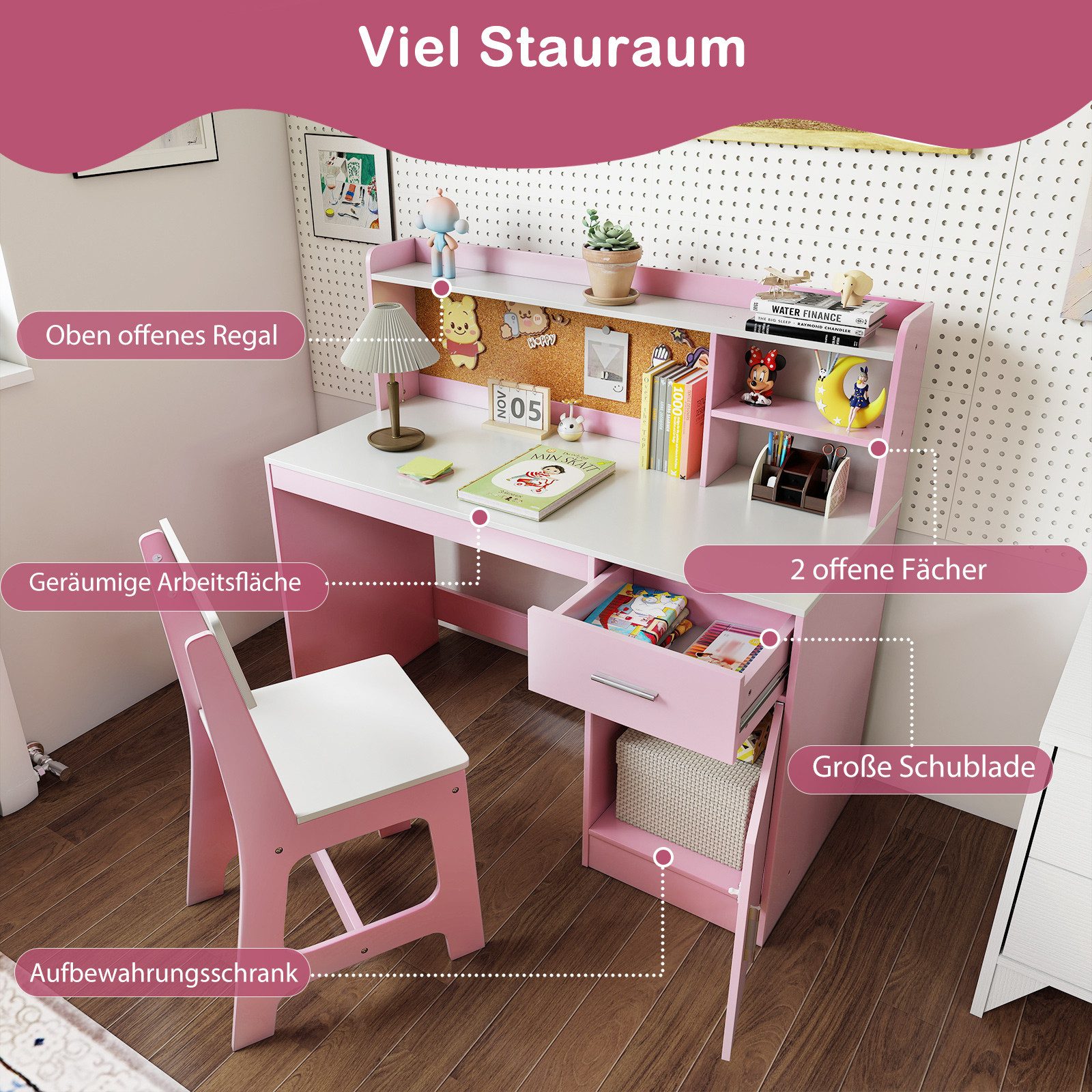 COSTWAY Kinderschreibtisch (2-St), mit Stuhl Set, mit Schubladen, ab 3 Jahr günstig online kaufen