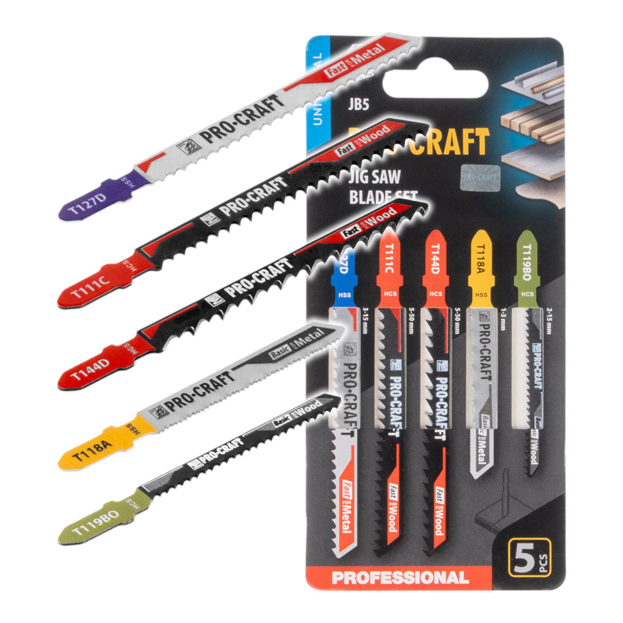 PRO CRAFT Stichsägeblatt JB5 Stichsägeblatt Set 5 tlg. 1 - 50 mm für Holz und Metall