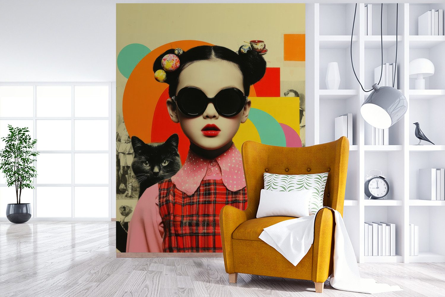 MuchoWow Fototapete Mädchen - Sonnenbrille - Katze - Retro, Matt, bedruckt, Wallpaper für Wohnzimmer, Schlafzimmer, Vinyl Tapete, 165x220 cm