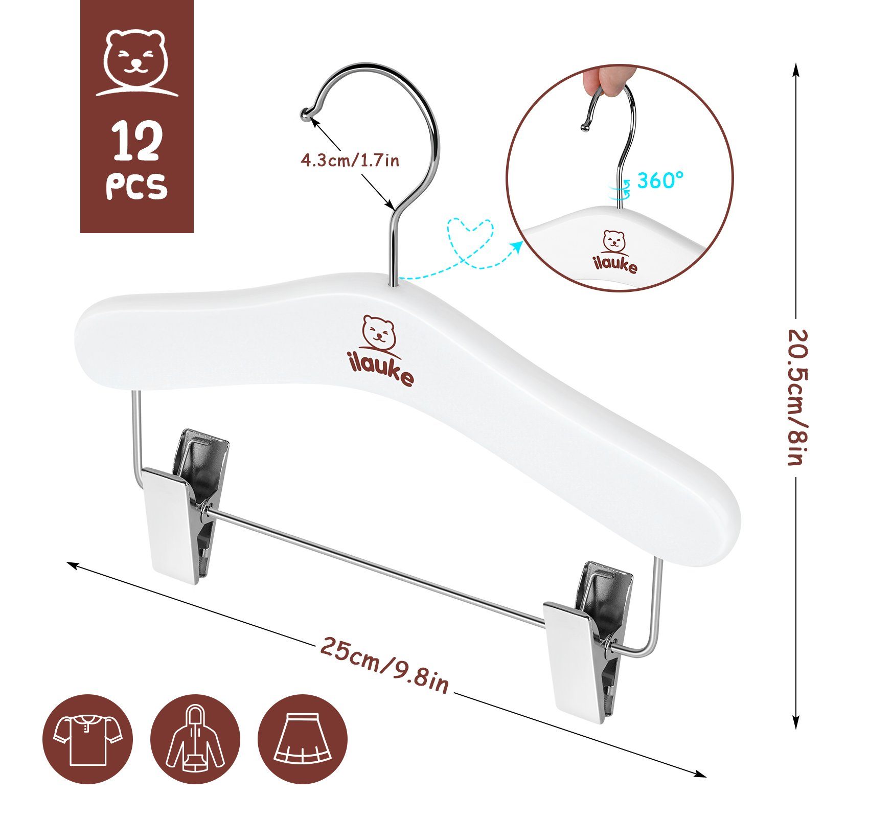 Homewit Kleiderbügel Weiß drehbarer Einschnitt mit Kinderkleidung Kinderkleiderbügel und Baby (Set), & und Baby Hosenbügel 360° Holz Clips, Hosensteg Mit 12tlg für Haken