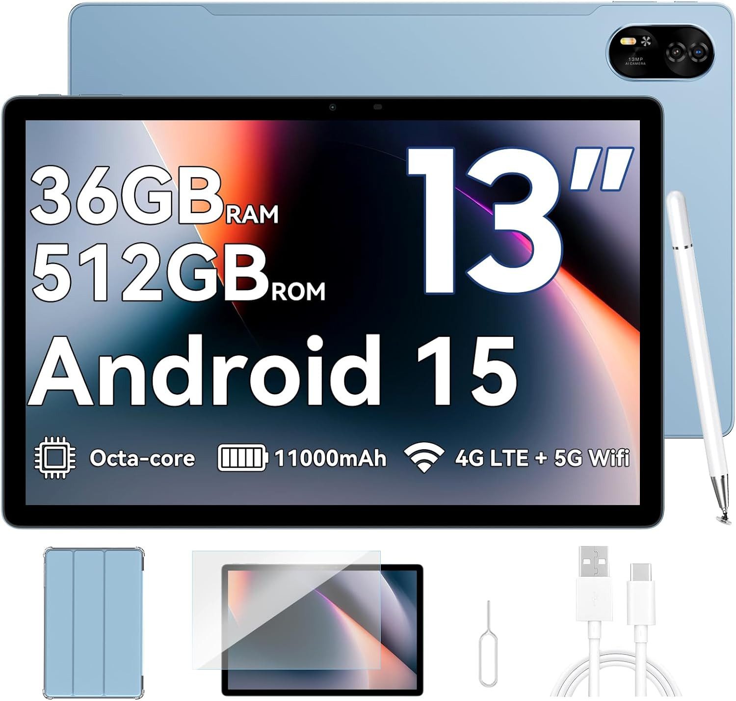 blackview Mega8 13' 4G LTE 12GB+512GB/256GB incl. Stift/Hülle Tablet (13", 512 GB, 4G(LTE), 13 zoll, Android 15, 50MP, 11000mAh, 4G LTE, T620, 512GB)