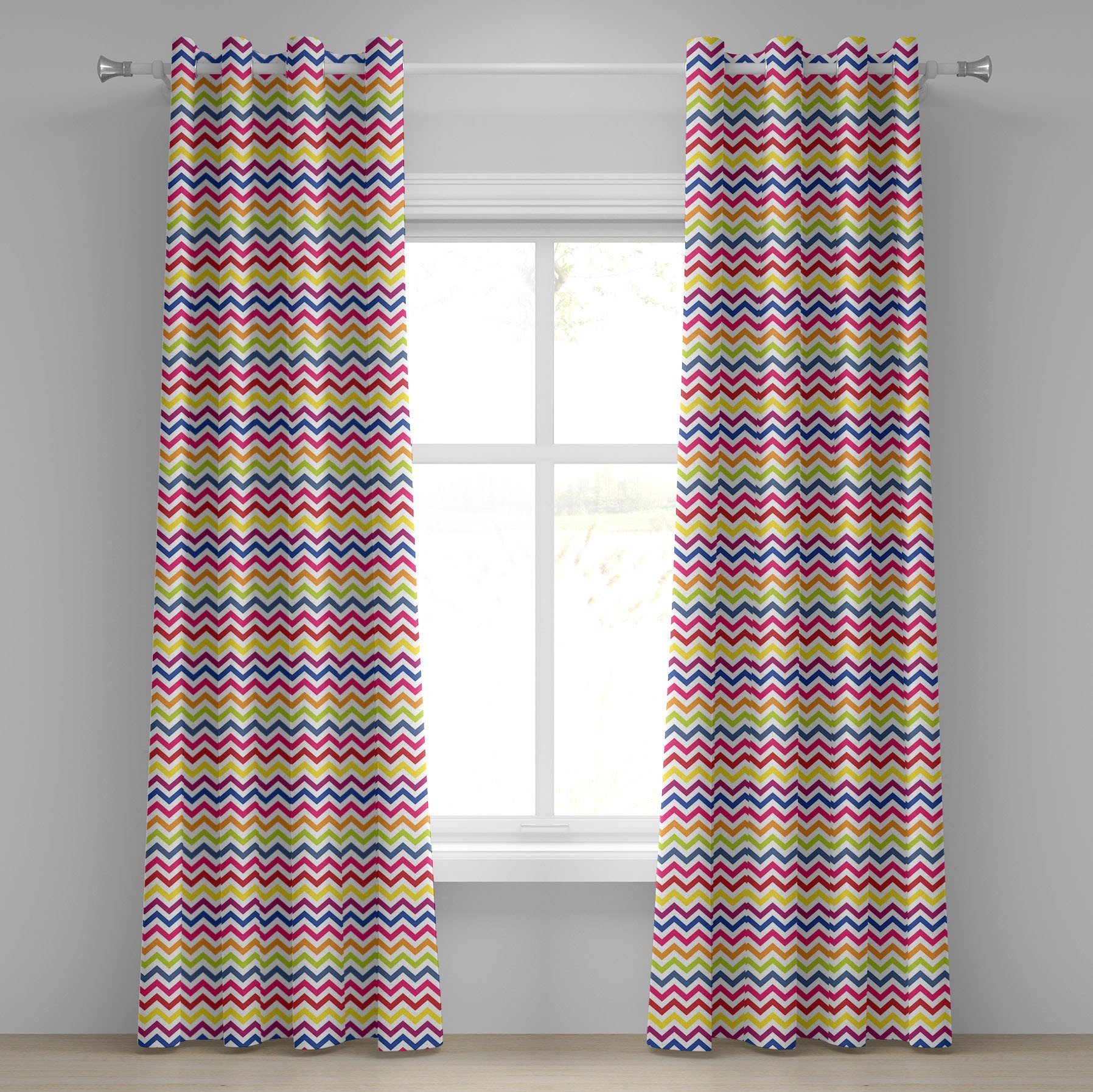 Gardine Dekorative 2-Panel-Fenstervorhänge für Schlafzimmer Wohnzimmer, Abakuhaus, Bunt Regenbogen Chevron Fun