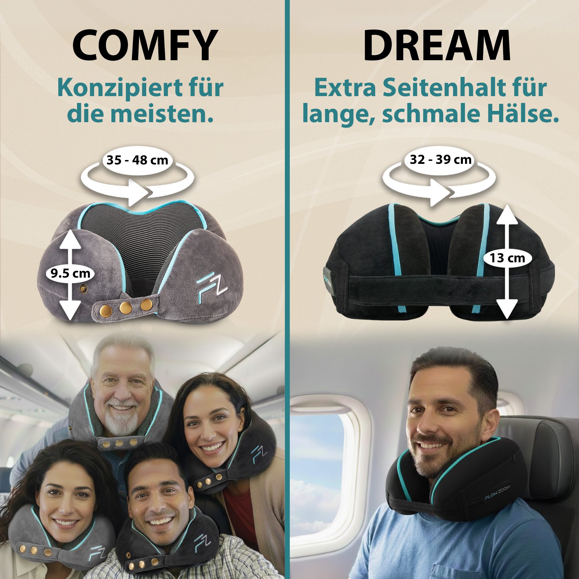 FLOWZOOM Nackenhörnchen DREAM - Nackenkissen Flugzeug - Memory-foam für lange, schmale Hälse, Nackenkissen Reisen - Nackenhörnchen für Erwachsene - Memoryschaum – Bild 5 von 5