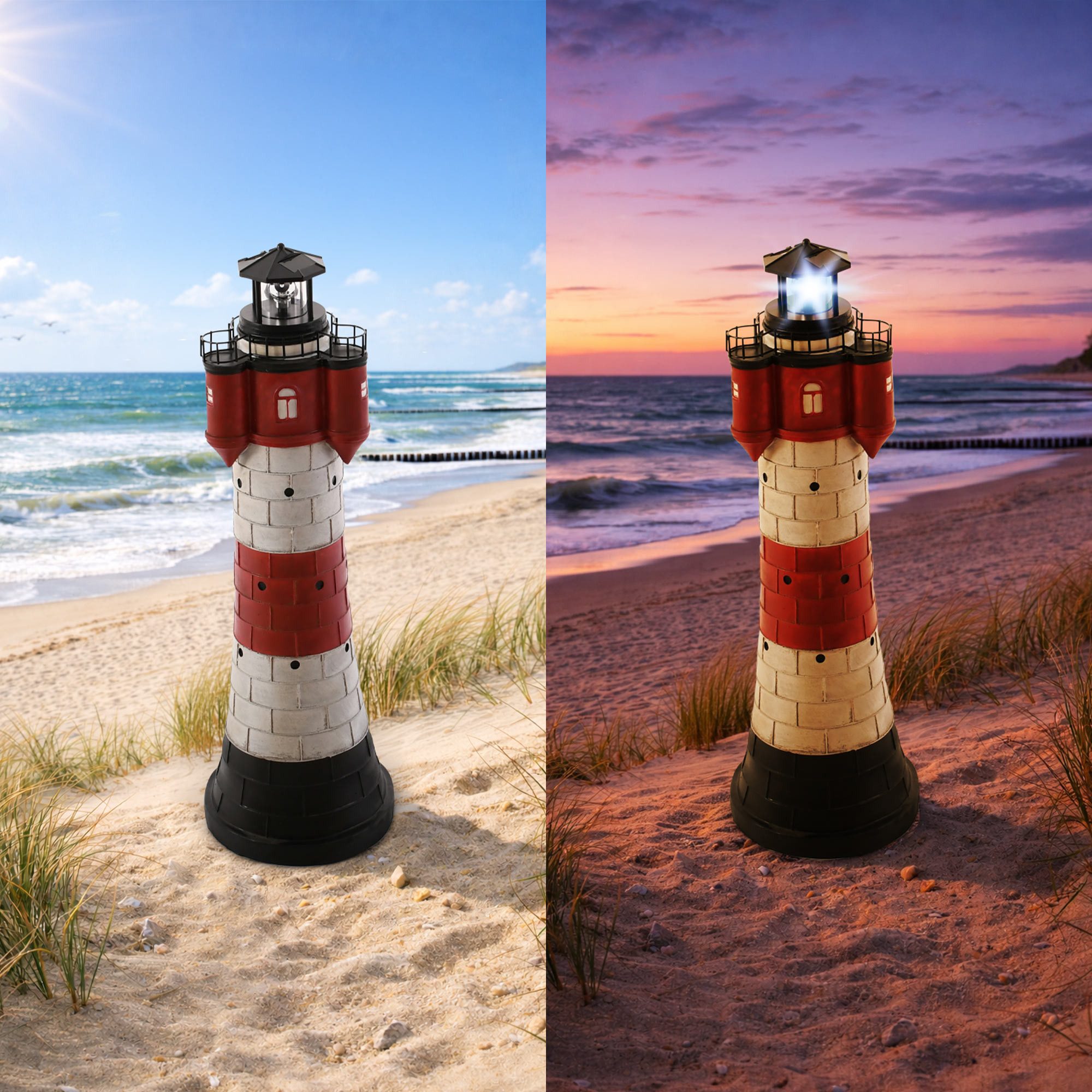 Raburg LED Solarleuchte Garten Leuchtturm Roter Sand mit Dämmerungssensor, rotierender Spiegel, LED, kaltweiß, wechselbare Leuchteinheit, austauschbarer Akku, 2 Solar-Panels