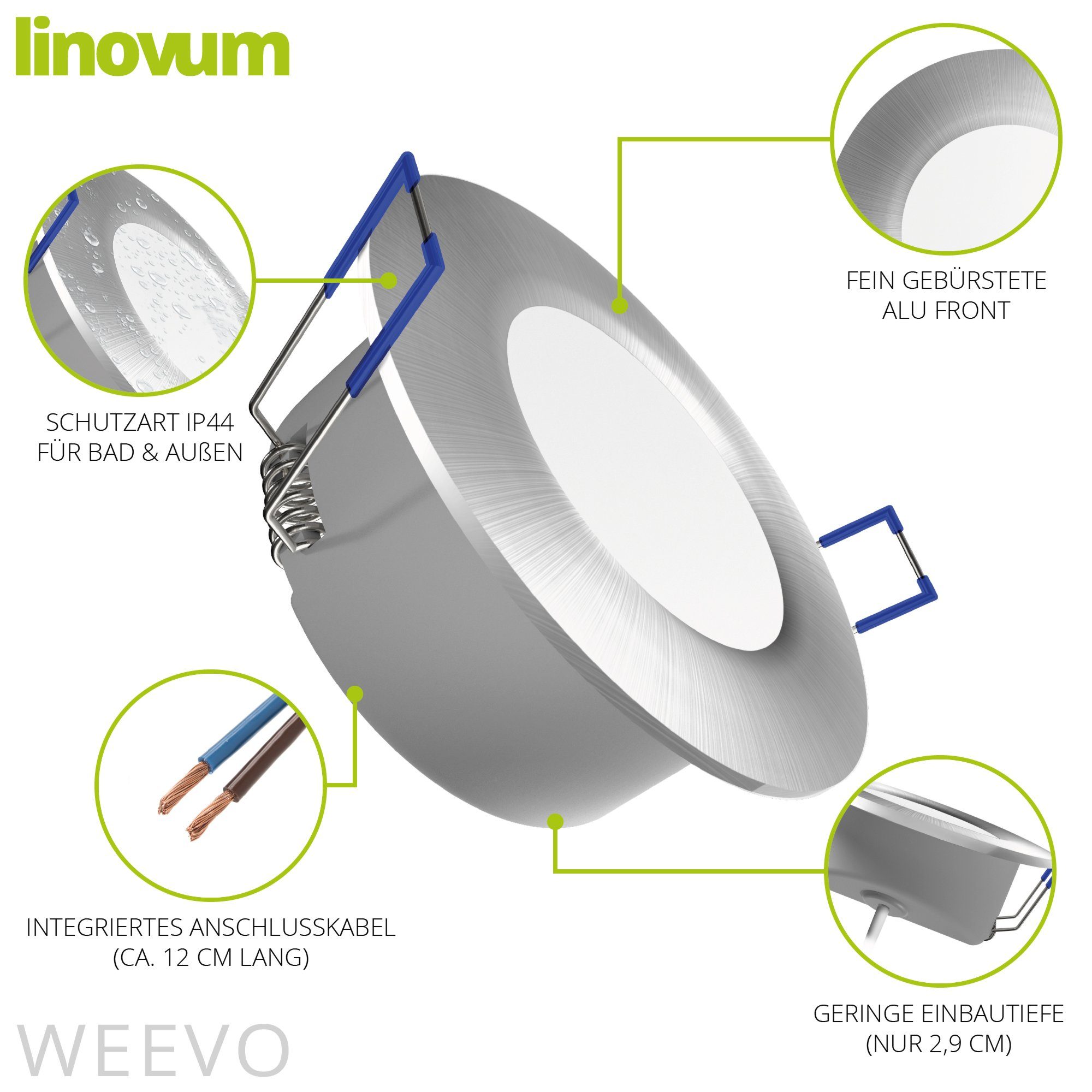 flach - Bad LED Downlight, LED-Leuchtmittel warmweiss LED Set fest WEEVO verbaut, verbaut 10er LED-Leuchtmittel 5W fest Einbaustrahler linovum Einbauspots