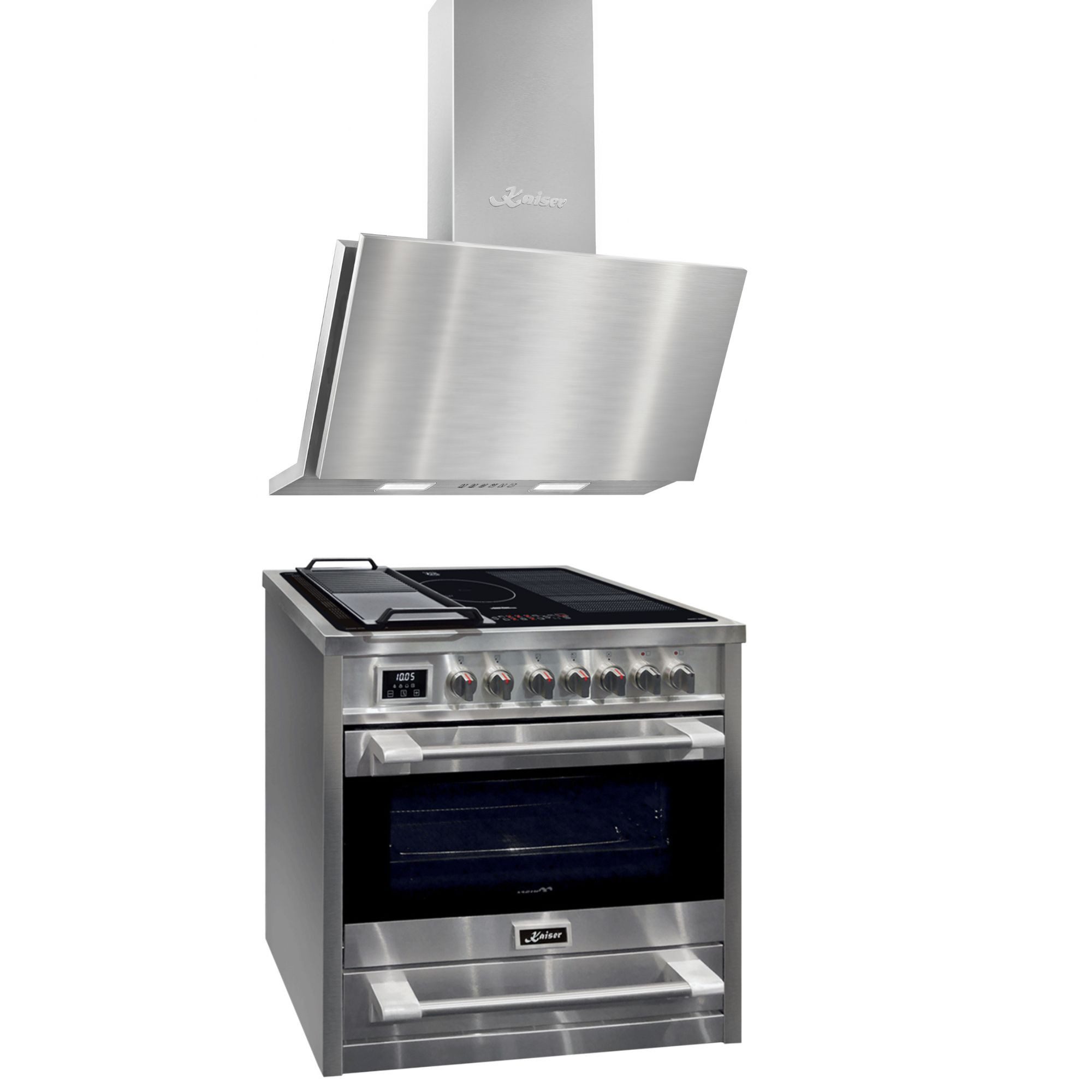 Kaiser Küchengeräte Induktions Herd-Set Elektro Standherd mit Induktionskochfeld RangeCoocker 90 cm+Dunstabzugshaube kopffrei, 90 cm 1250 m³/h HC 93691 IR+ AT 9455 N ECO, mit 1-fach-Teleskopauszug