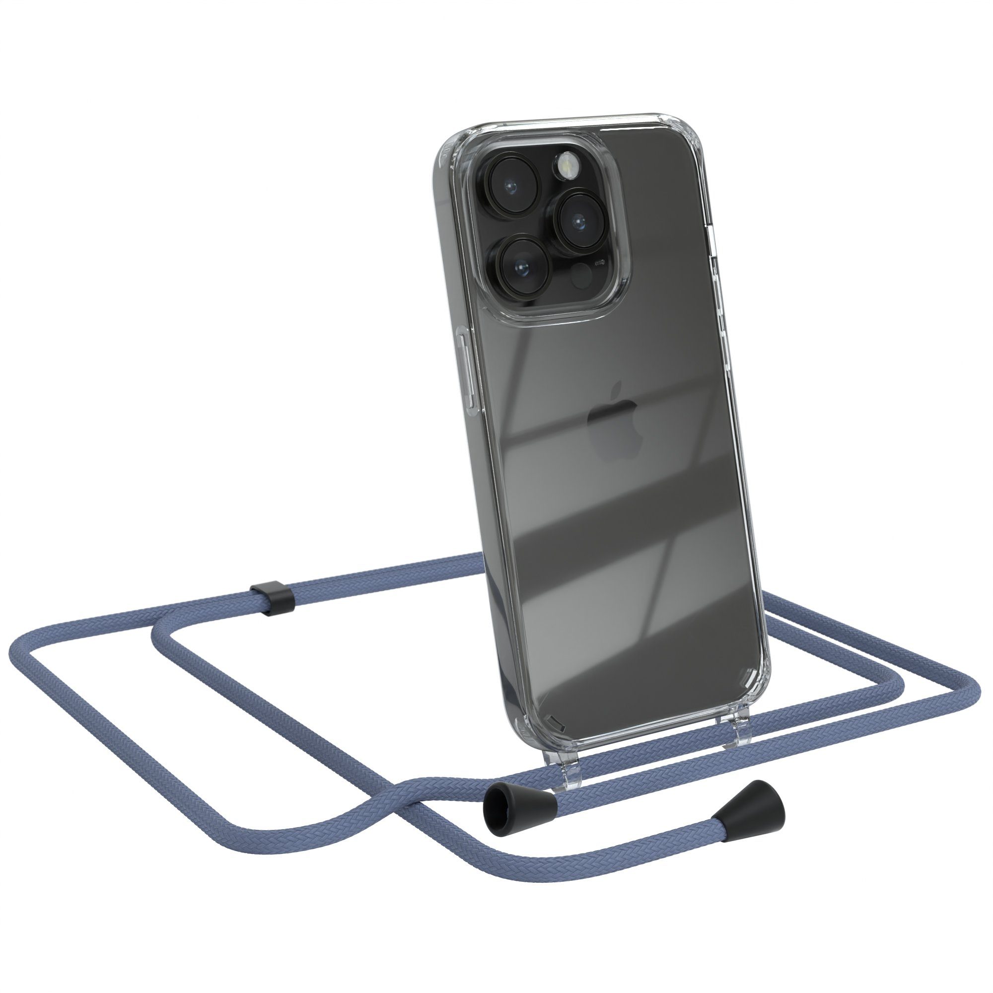 EAZY CASE Handykette Clips Schwarz für Apple iPhone 14 Pro 6,1 Zoll, Silikonhülle Transparent Handyhülle mit Kordel Kette zum Umhängen Blau