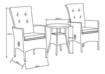 KONIFERA Balkonset Belluno, (Set, 5-tlg., 2x Sessel, 1x Tisch Ø 50 cm, inkl. Auflagen), Polyrattan, Sessel sind stufenlos verstellbar, Grau, Stahl