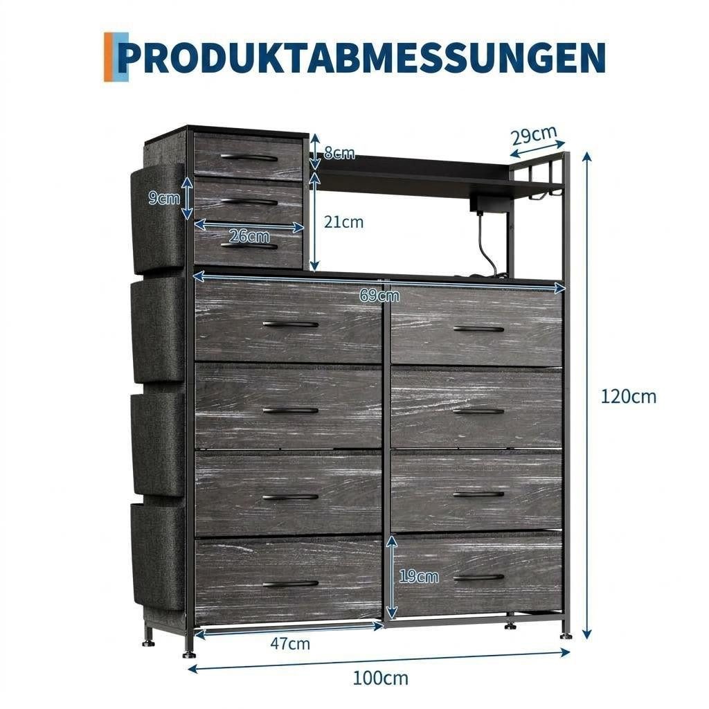GarveeMore Kommode Highboard Kombikommode Schubkastenkommode mit 8+3 Stoffschubladen (1 St), Hochkommode mit 4 Seitenfächer, USB-Anschluss, LED, Haken und Regale