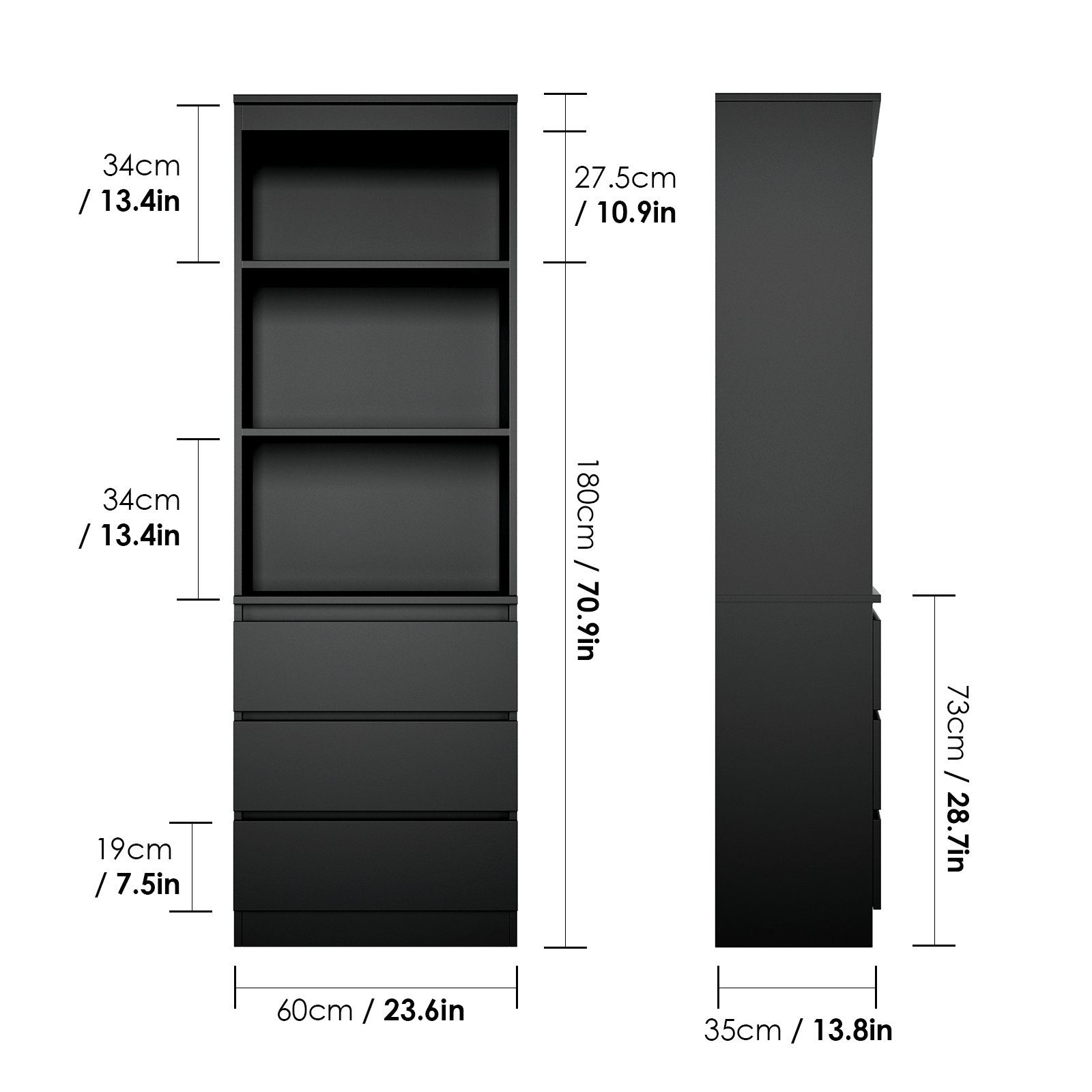 Homfa Hochschrank Bücherregal Bücherschrank mit 3 Schubladen Vitrinenschrank schwarz – Bild 5 von 5