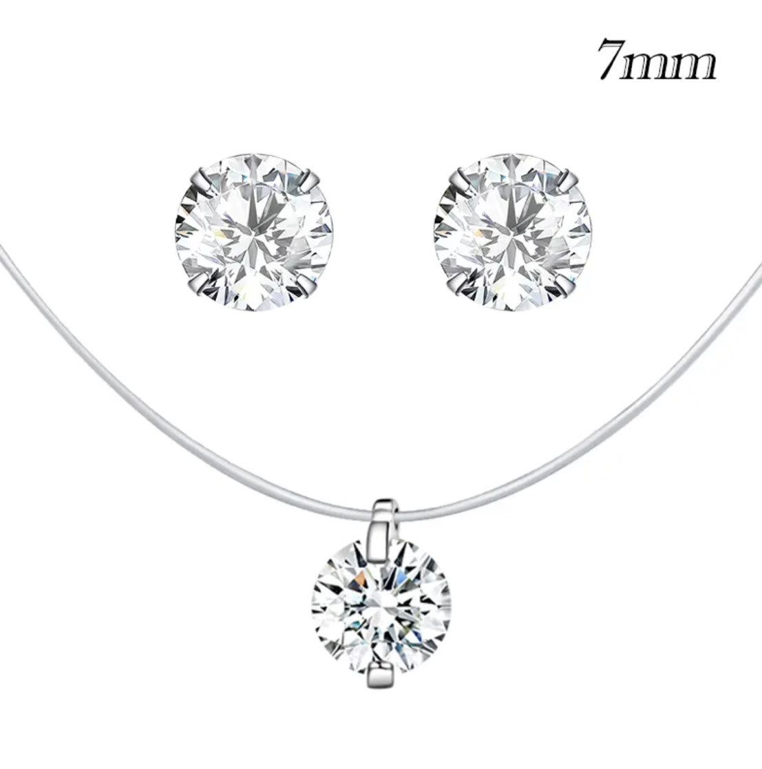 Runde Perlé Schmuckset unsichtbare Kette und Ohrstecker, Solitaire Zirkonia, handgefertigte Ohrstecker und Kette, Nylonfaden, 925er Silber
