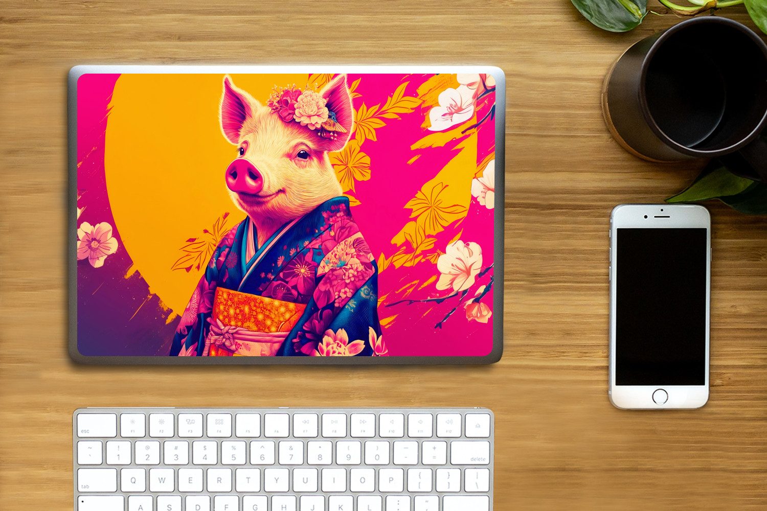 MuchoWow Laptop-Aufkleber Schwein - Blumenkrone - Kimono - Abstrakt, (1tlg), Laptop Folien Cover, Aufkleber, Sticker, Schutz vor Kratzern, 30x21 cm