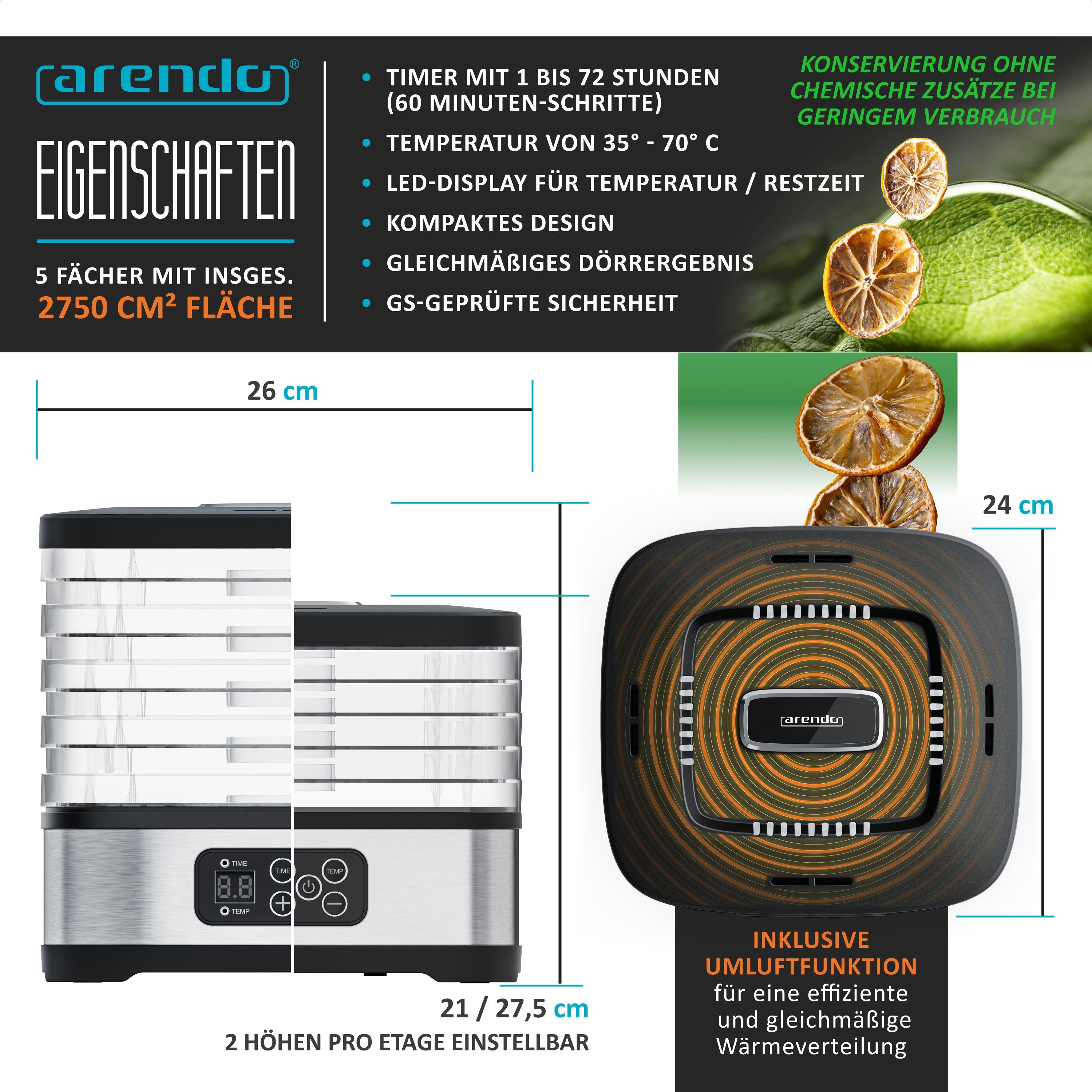 Arendo Dörrautomat mit Temperaturregler, 5 Etagen, 35-70°C, kompakt, Dörrgerät 240 W, Timer 1-72h, je Fach 2 Höhen, BPA-frei, Dehydrator, 5 Einlegefächer