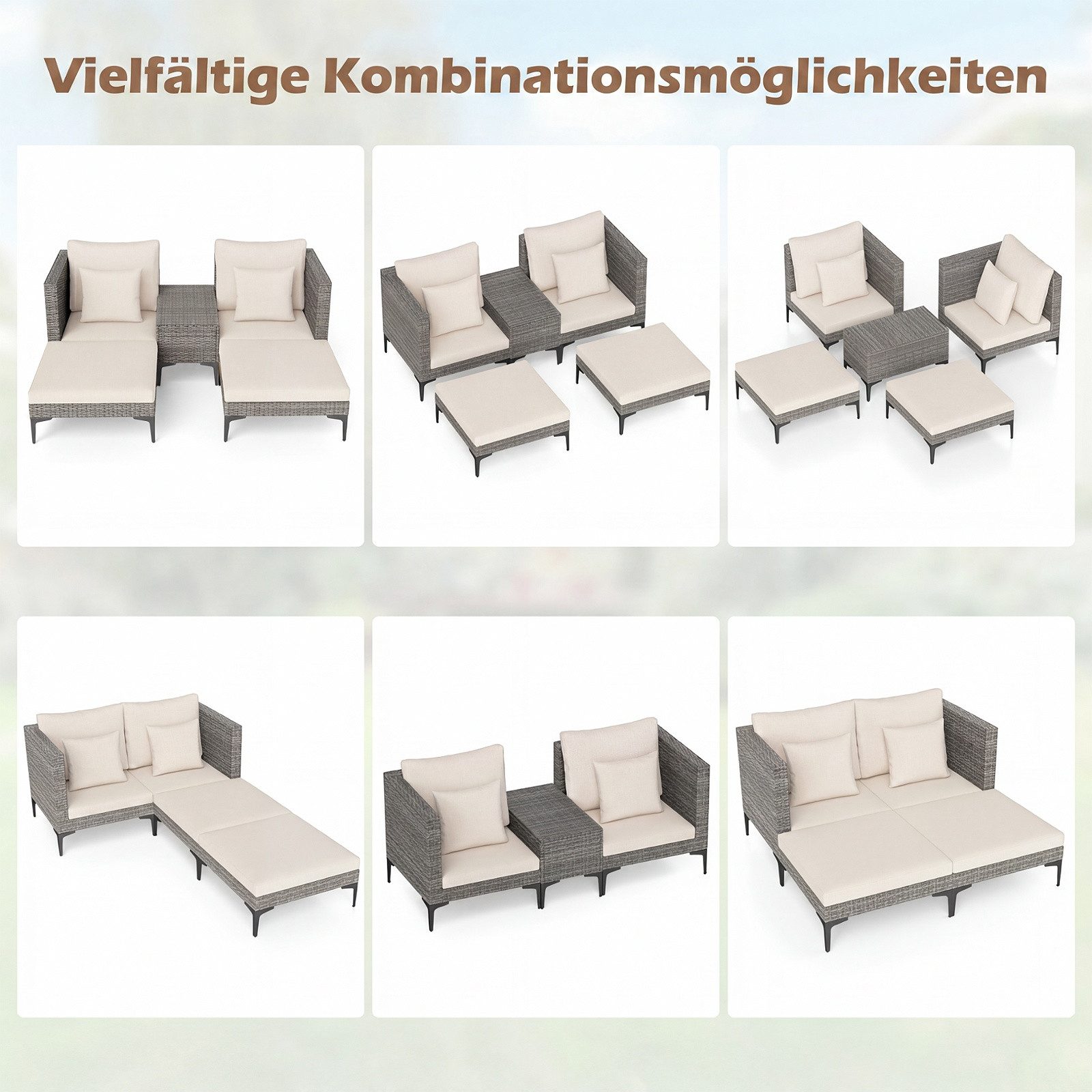 COSTWAY Gartenlounge-Set, (5-tlg), Balkonmöbel inkl. 2 Sofas, 2 Hockern, Tisch