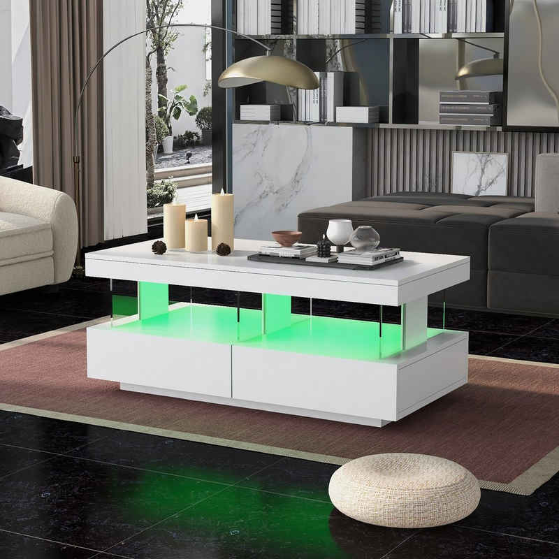 WISHDOR Couchtisch Teetisch Kaffeetisch Beistelltisch Sofatisch (Beistelltisch mit 2 Schubladen, 1-St., mit LED-Beleuchtung und hochglänzender Tischplatte), Wohnzimmertisch mit Glastrennwände