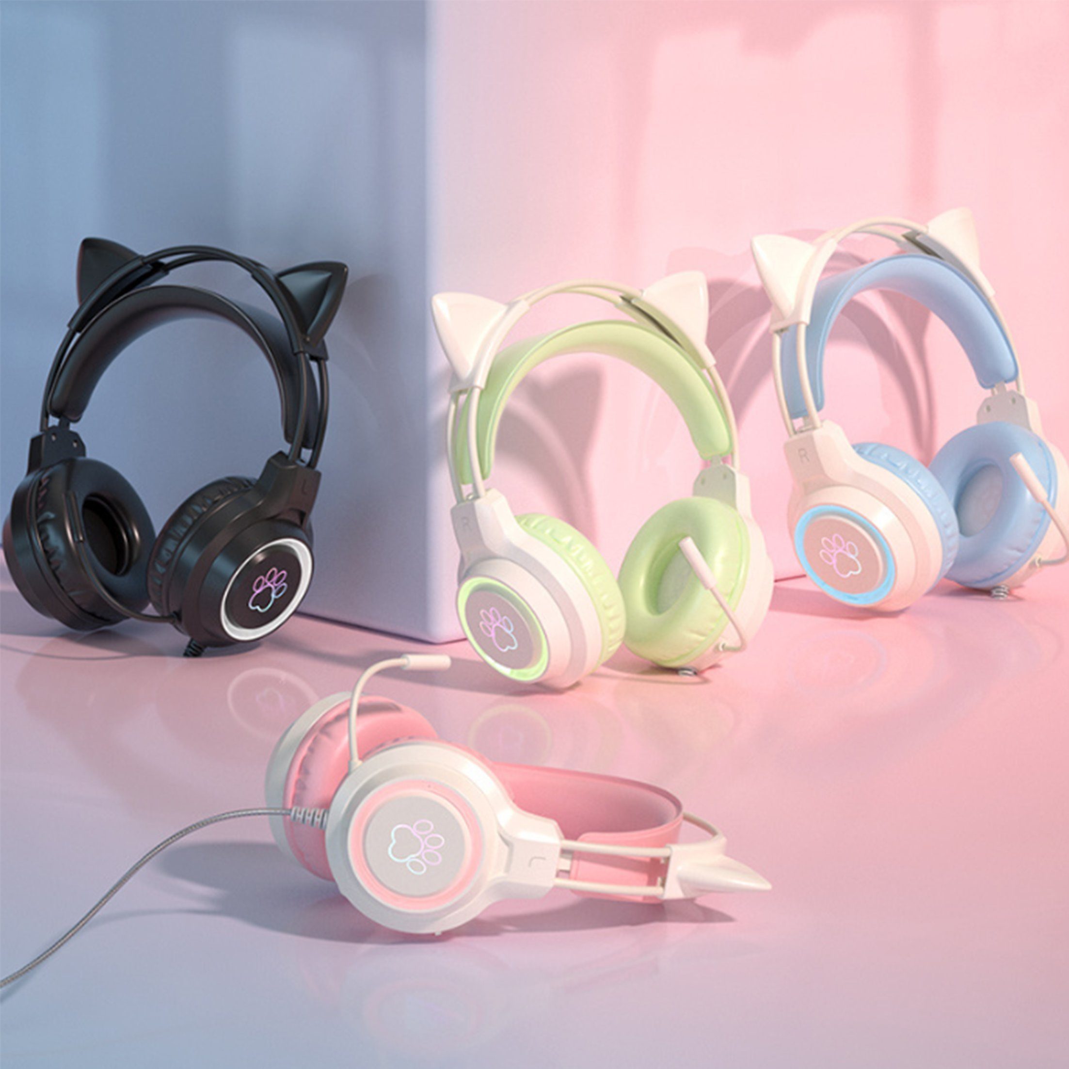 Over-Ear-Kopfhörer Headset,Gaming-Headset mit Katzenohren,Geräuschunterdrückung Grün KINSI