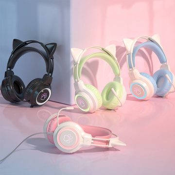 Diida Gaming-Headsets,Kopfhörer mit Geräuschunterdrückung für Katzenohren Gaming-Headset (Katzenohren, Stereo, Abnehmbare Katzenohren, Klappbar)