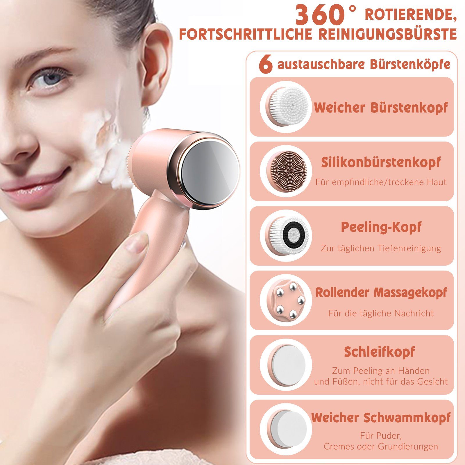MDHAND Elektrische Gesichtsreinigungsbürste 6-in-1, 3 von Palette heiße 6 1-tlg., Modelle Geschwindigkeiten, und kalte Hautproblemen breite eine für Bürstenköpfe
