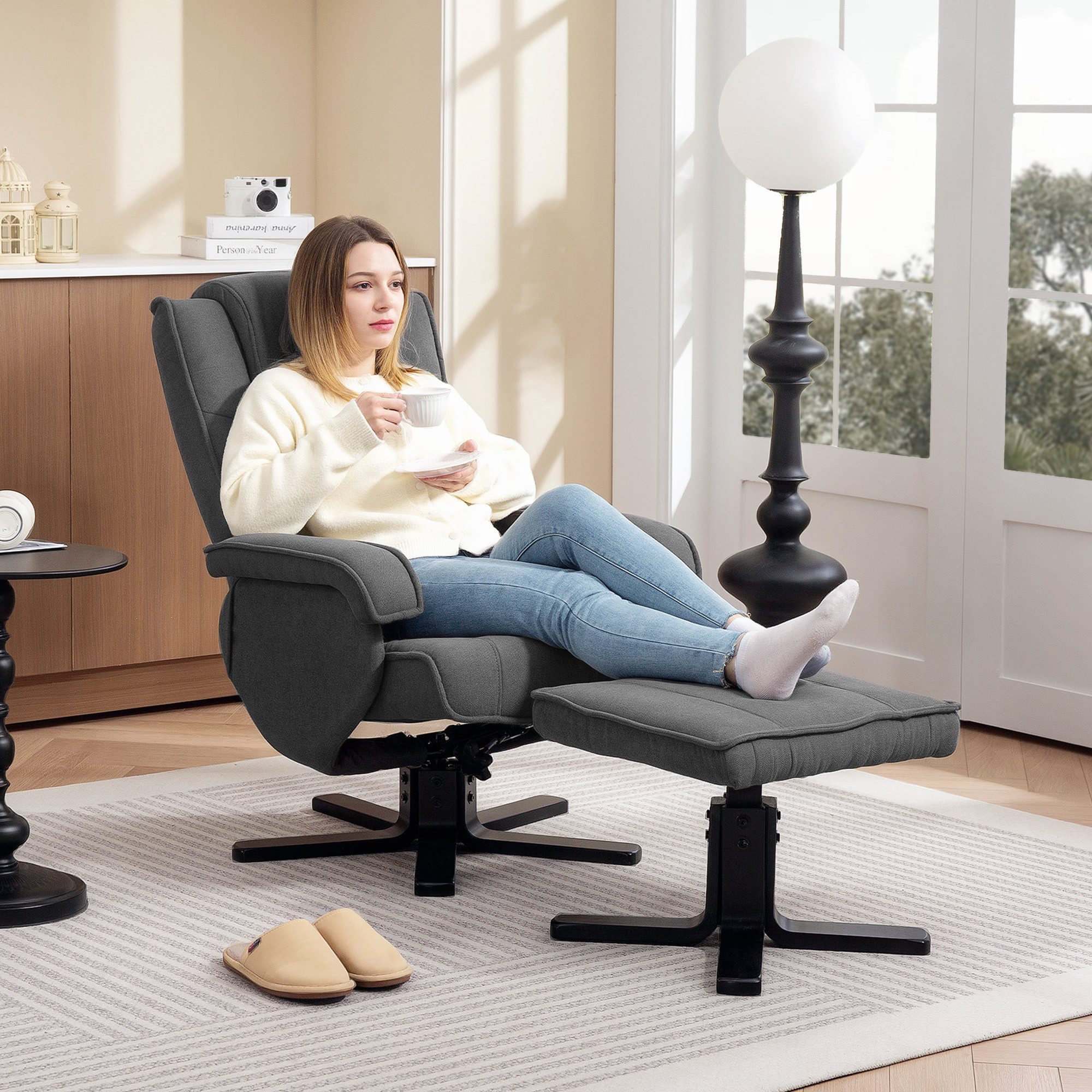 HOMCOM Relaxsessel 360°drehbarer Fernsehsessel, Liegefunktion, Kopfstütze (Relaxsessel mit Hocker, 2-St., TV-Sessel), mit Samtoptik für Wohnzimmer, Dunkelgrau