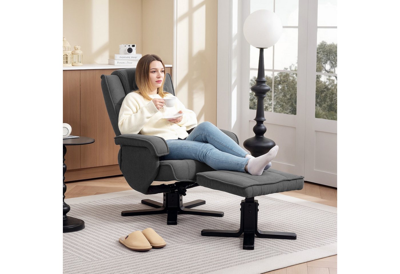 HOMCOM Relaxsessel 360°drehbarer Fernsehsessel, Liegefunktion, Kopfstütze (Relaxsessel mit Hocker, 2-St., TV-Sessel), mit Samtoptik für Wohnzimmer, Dunkelgrau