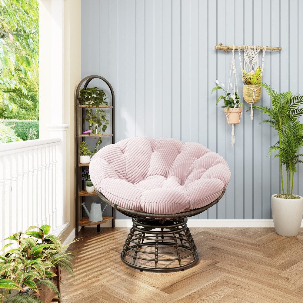 CHICFURN Loungesessel Papasan-Sessel in Rattan-Optik, 360° drehbar mit Polster (Packung, 1-St., Für Wohn-, Schlaf- und Lesezimmer sowie Innen- & Außenbereich), Braunes Gestell mit pinkem Polster