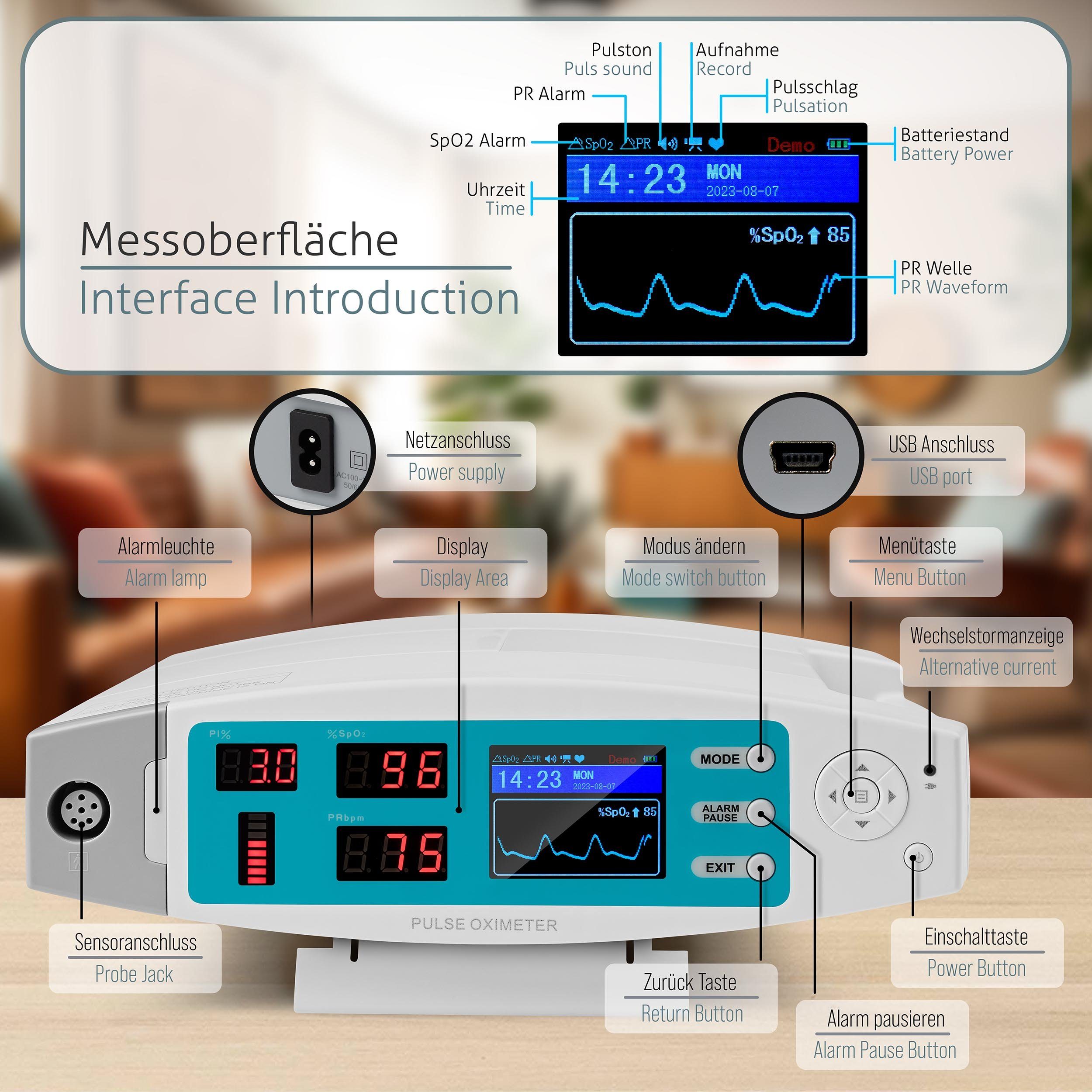 pulox Pulsoximeter PO-900 Stationäres Pulsoximeter mit Alarmfunktion und Software
