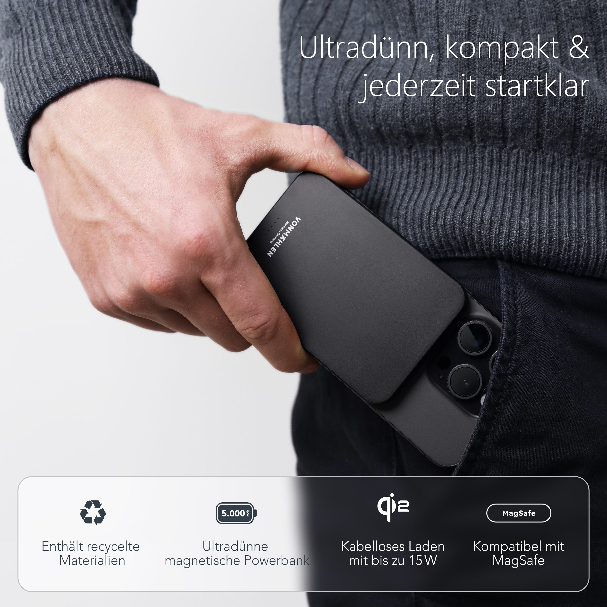 VONMÄHLEN Evergreen Mag Powerbank, ultraschlanke, magnetische Powerbank, MagSafe kompatibel