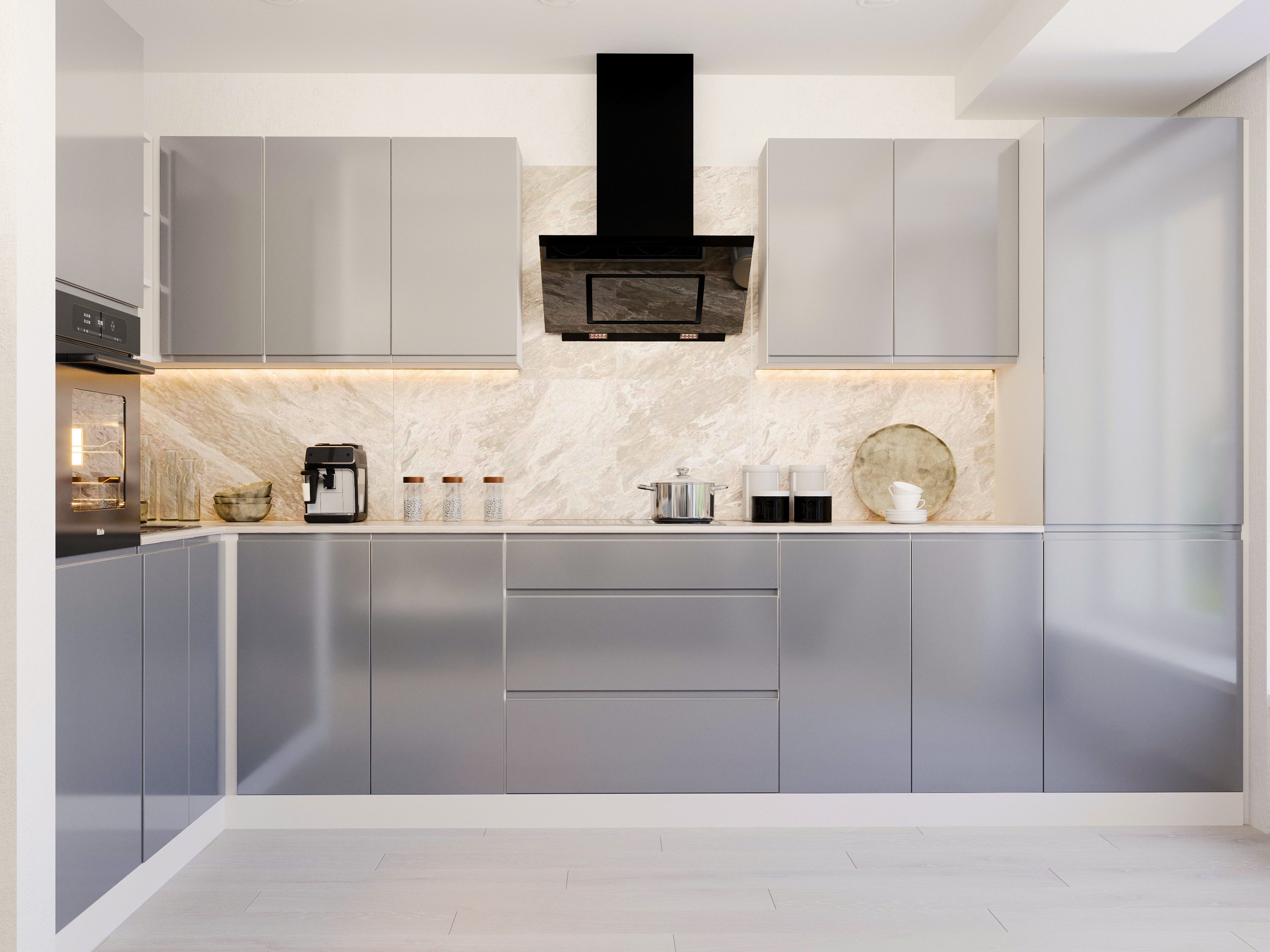 ROYAL24_MARKT Winkelküche – KU-S10 – Aspen – Perfekte Raumharmonie in Weiß & Grau Hochglanz, (Komplett Set), Stilvoll – Schick – Exzellent