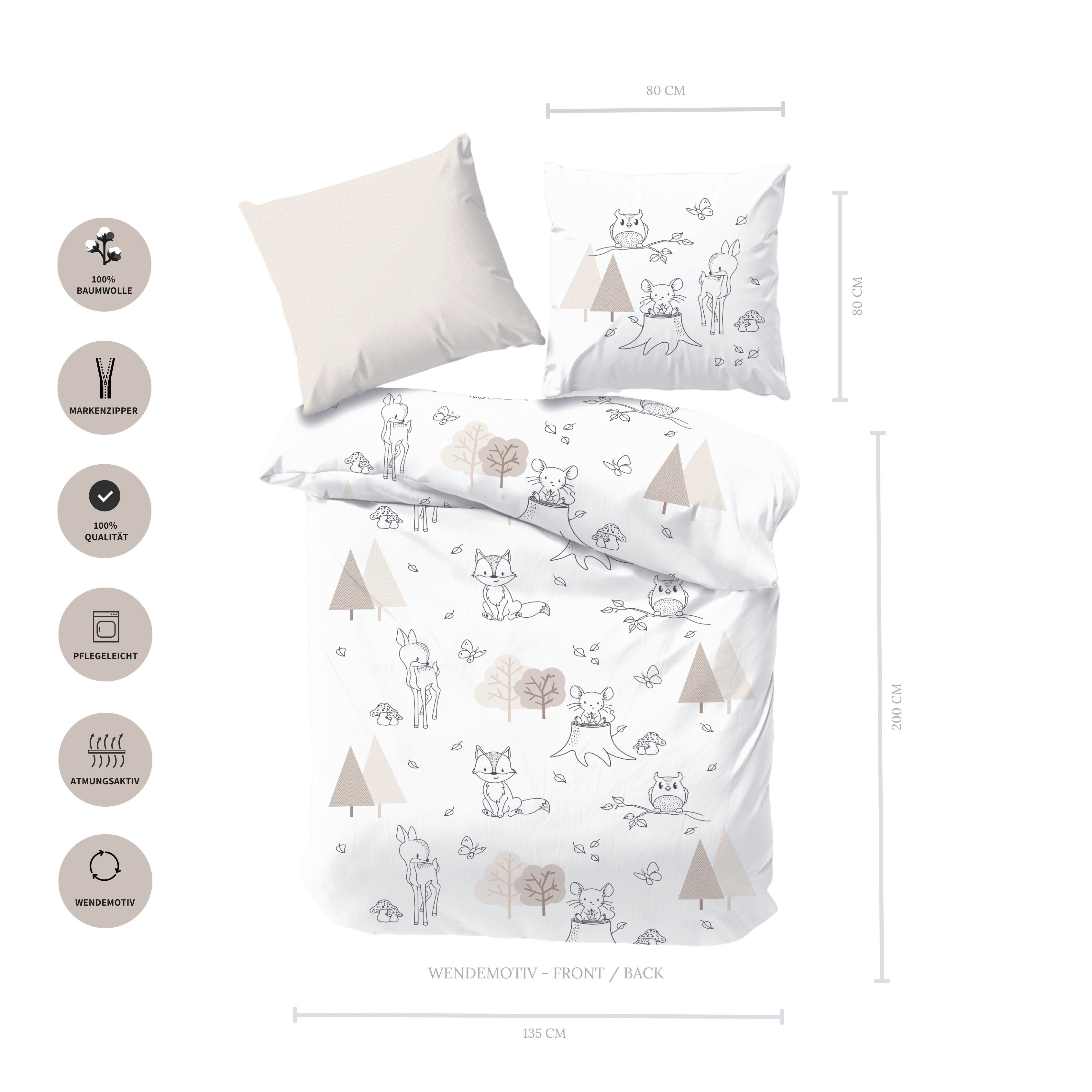 MTOnlinehandel Bettwäsche Waldtiere Eule Rehkitz Maus Fuchs 135x200 + 80x80 günstig online kaufen