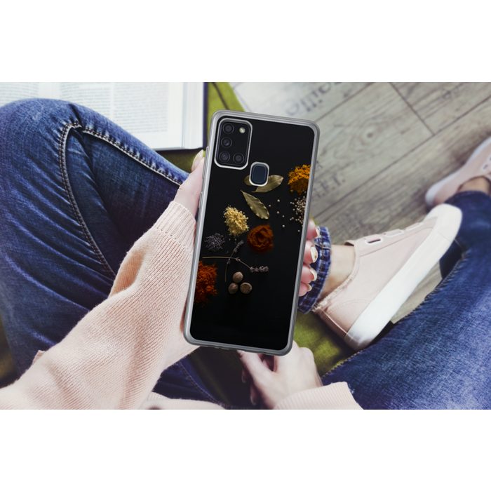MuchoWow Handyhülle Kräuter - Schwarz - Gewürze - Küche - Kochen Handyhülle Samsung Galaxy A21s Smartphone-Bumper Print Handy