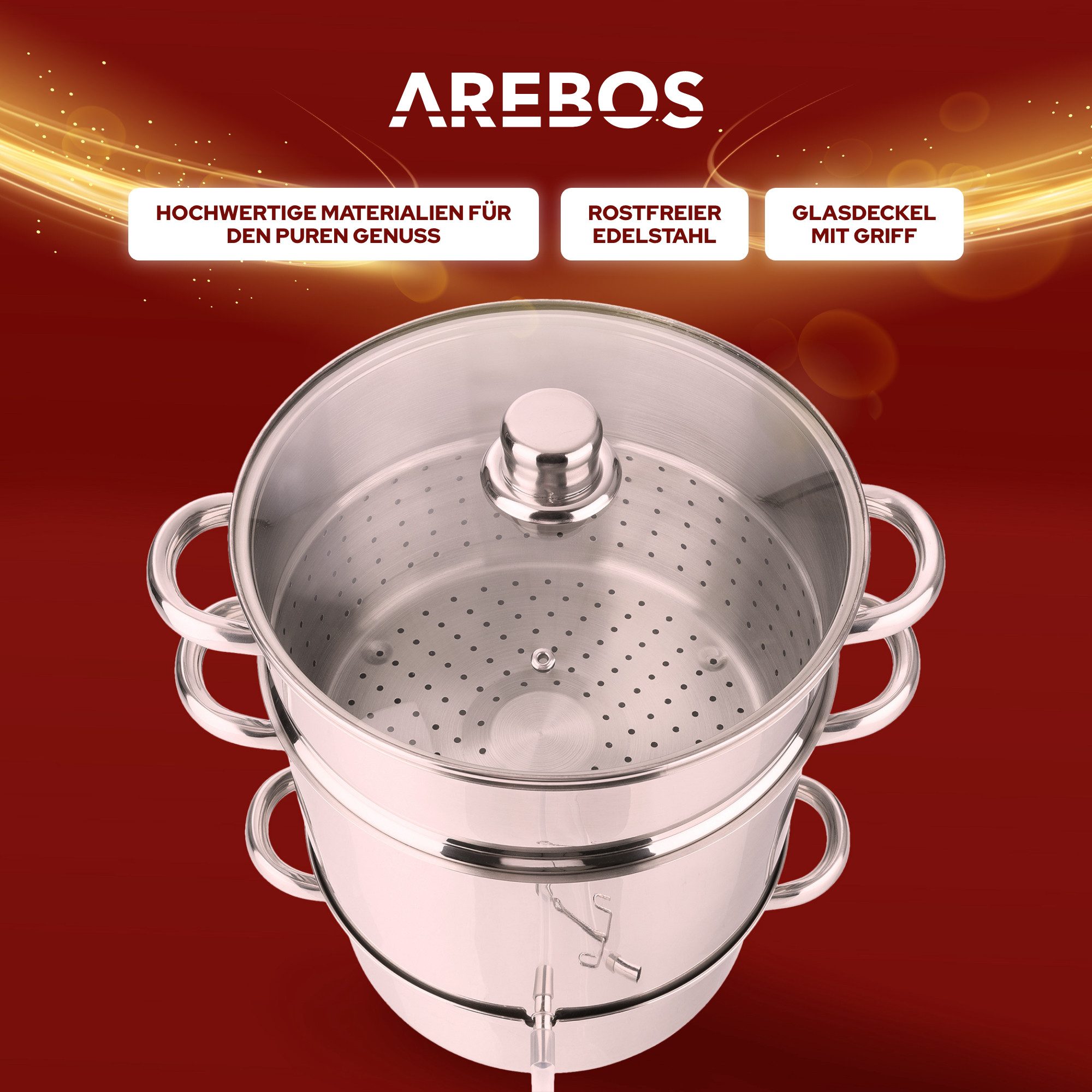 Arebos Dampfgartopf Induktions-Dampfentsafter 15 L Edelstahl für alle Herdarten & Früchte, Hochwertiger Edelstahl: langlebig, hygienisch & spülmaschinengeeignet