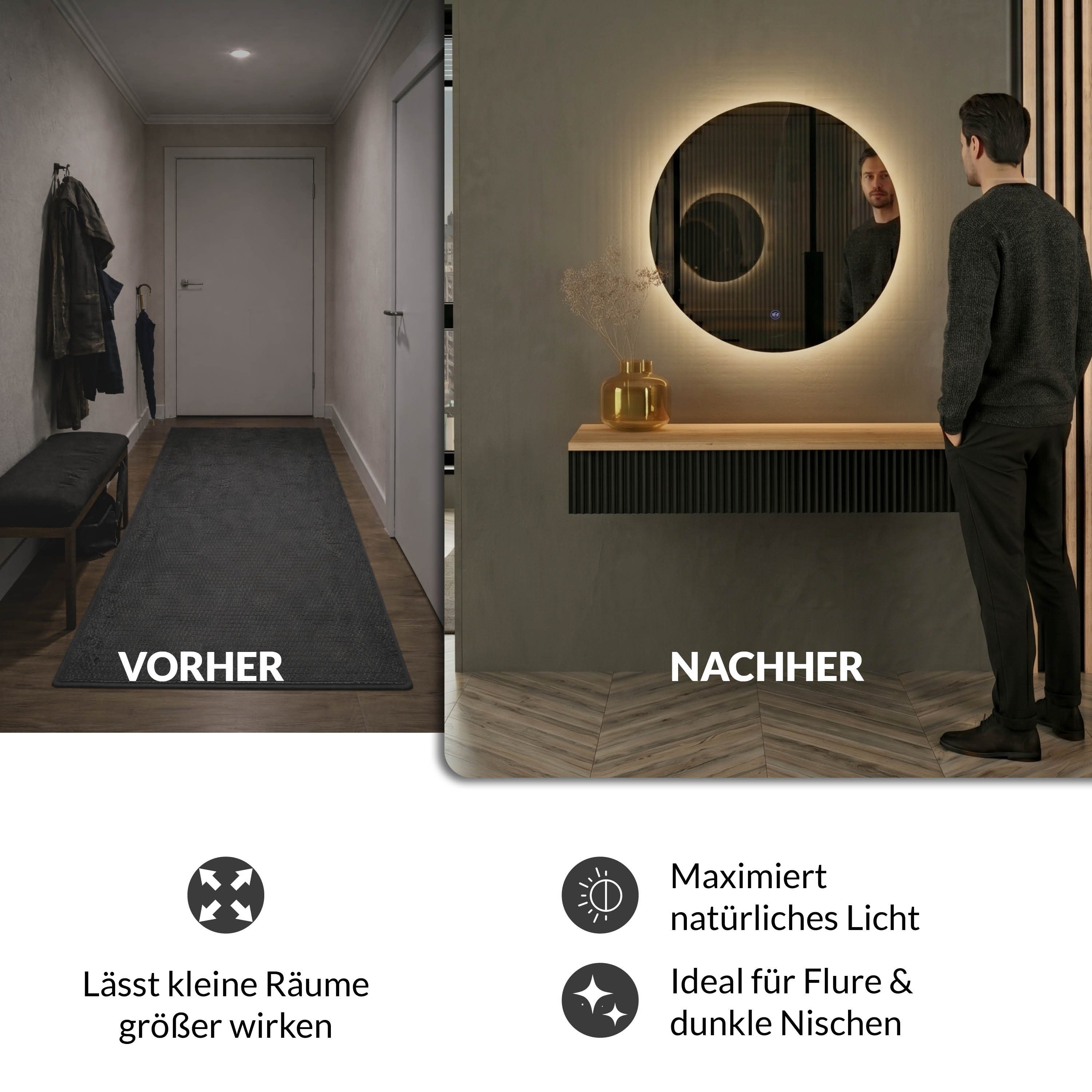Planetmöbel Dekospiegel NOVA Spiegel mit Beleuchtung 60 - 80 cm (Dekorativer Wandspiegel ohne Rahmen 60 cm, Spiegel mit LED-Licht), Touch-Funktion, Dimmbar 4200k