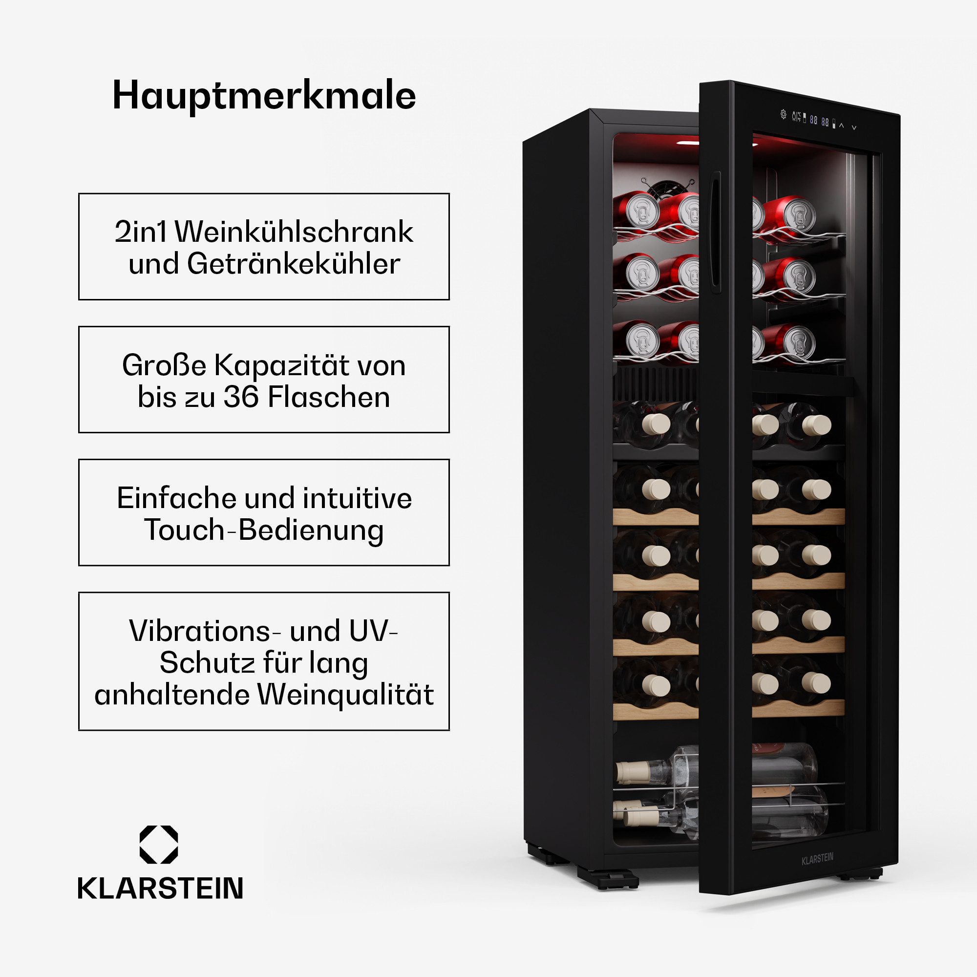 Klarstein Weinkühlschrank Bovella 36 Duo+, für 36 Standardflaschen á 0,75l,Wein Flaschenkühlschrank Weintemperierschrank Weinschrank Kühlschrank