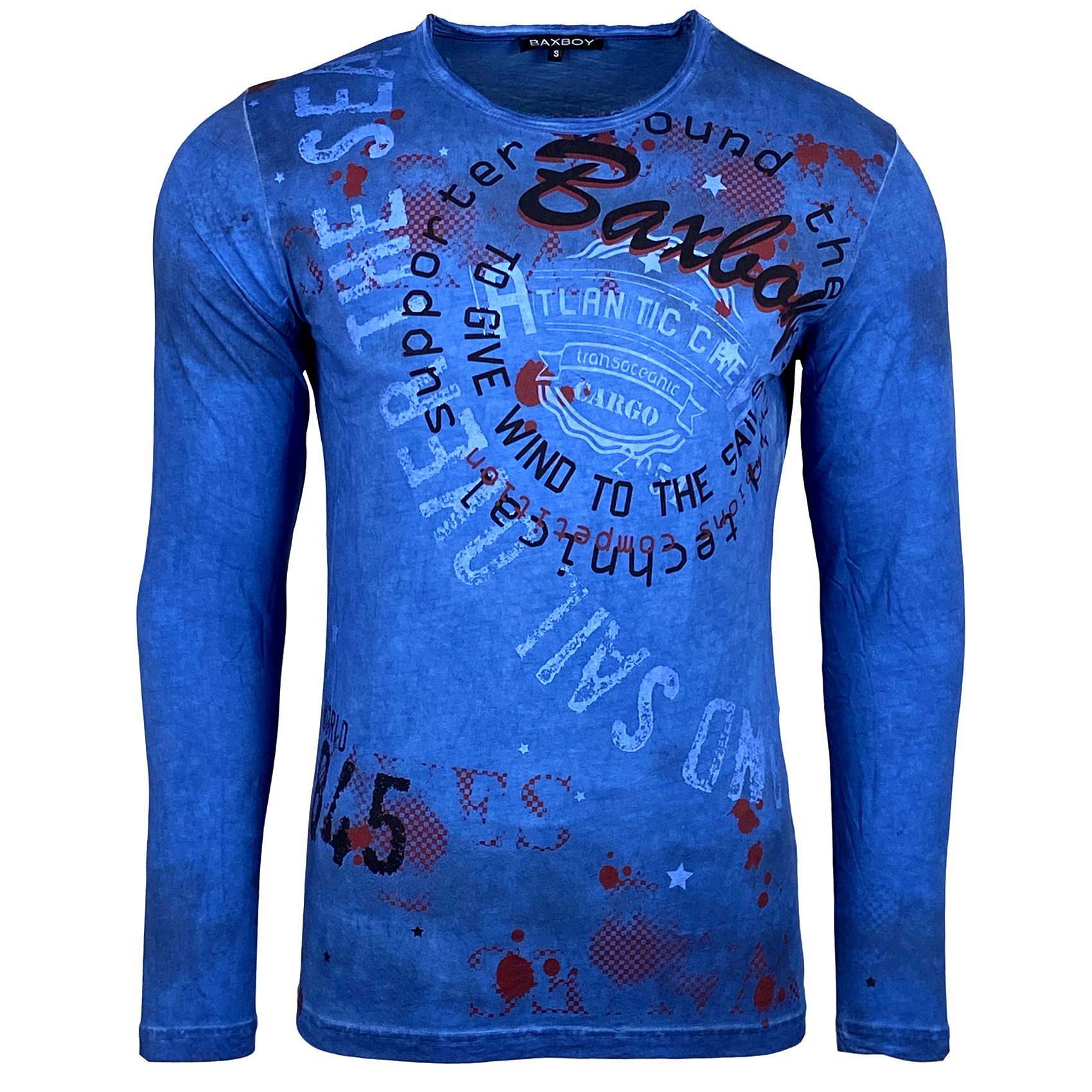 Herren Blau Longsleeve T-Shirt Baxboy Oberteil Longshirt Langarmshirt B-705 Baxboy Aufdruck