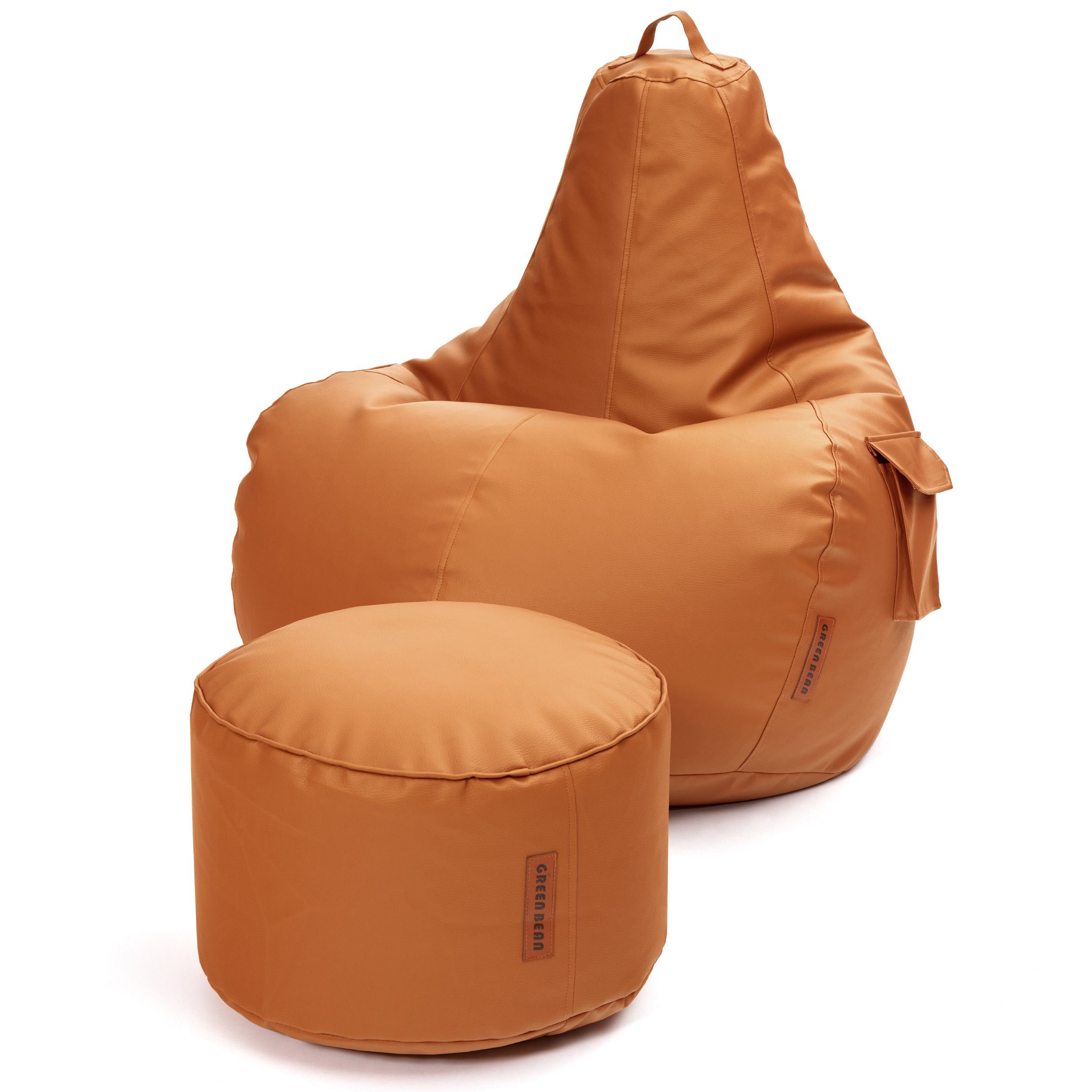 Green Bean Sitzsack Gaming mit Rückenlehne inkl. passenden Pouf (aus Kunstleder, Indoor und Outdoor geeignet), Couch Kissen Riesensitzsack Lounge Chair Hocker Bean Bag Kissen Stay Dunkelbraun