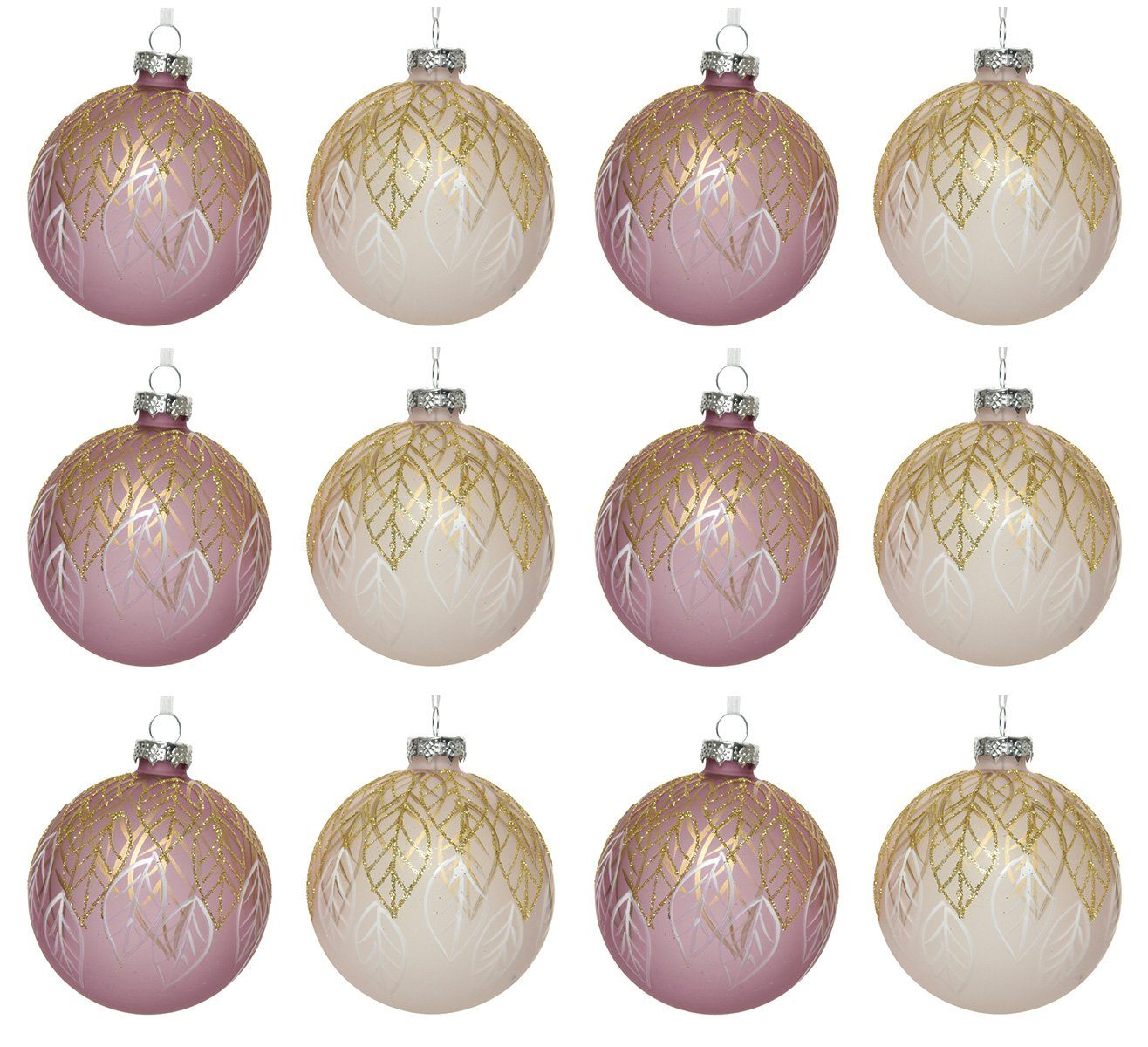 Decoris season decorations Weihnachtsbaumkugel, Weihnachtskugeln Glas 8cm mit Blätter Motiv 12er Set rosa / altrosa